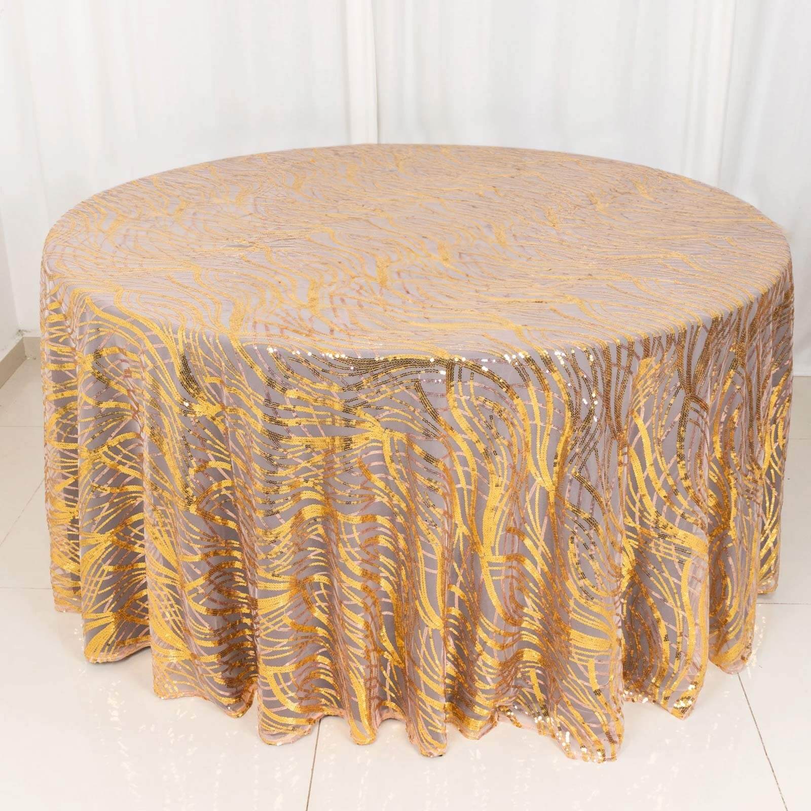 Sequin Mesh 120 Round Tablecloth Rose Gold/Gold - Seamless Wave Embroidered Table Cover