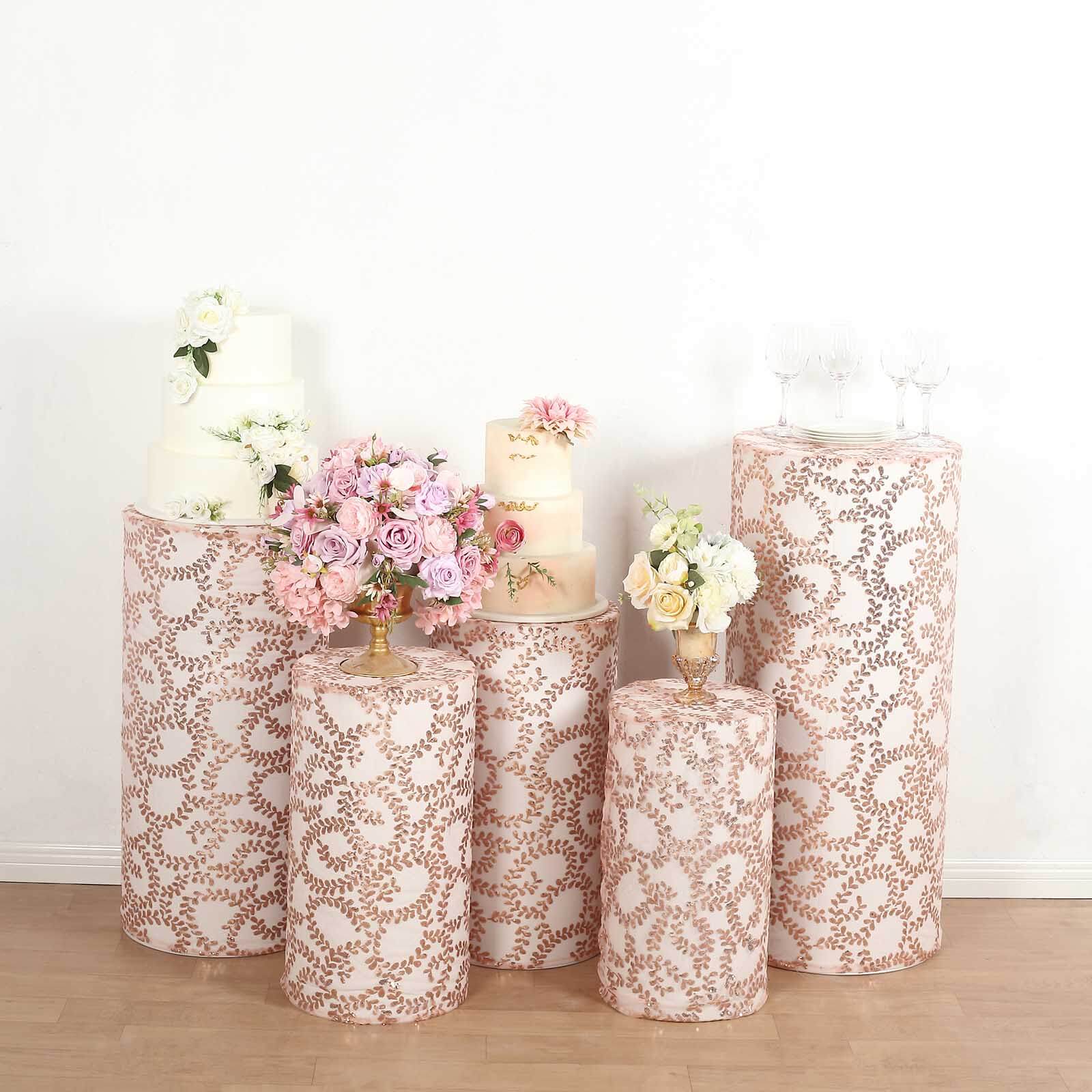 Set of 5 Rose Gold Sequin Mesh Cylinder Pedestal Stand Covers with Leaf Vine Embroidery, Sparkly Sheer Tulle Pillar Prop Covers