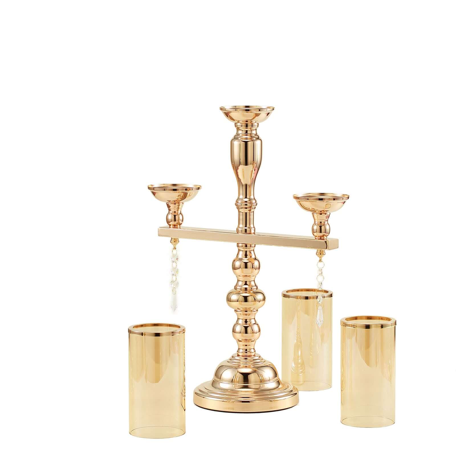 3-Arm Gold Candelabra Metal with Amber Glass Shades - Stylish Table Centerpiece for Gatherings