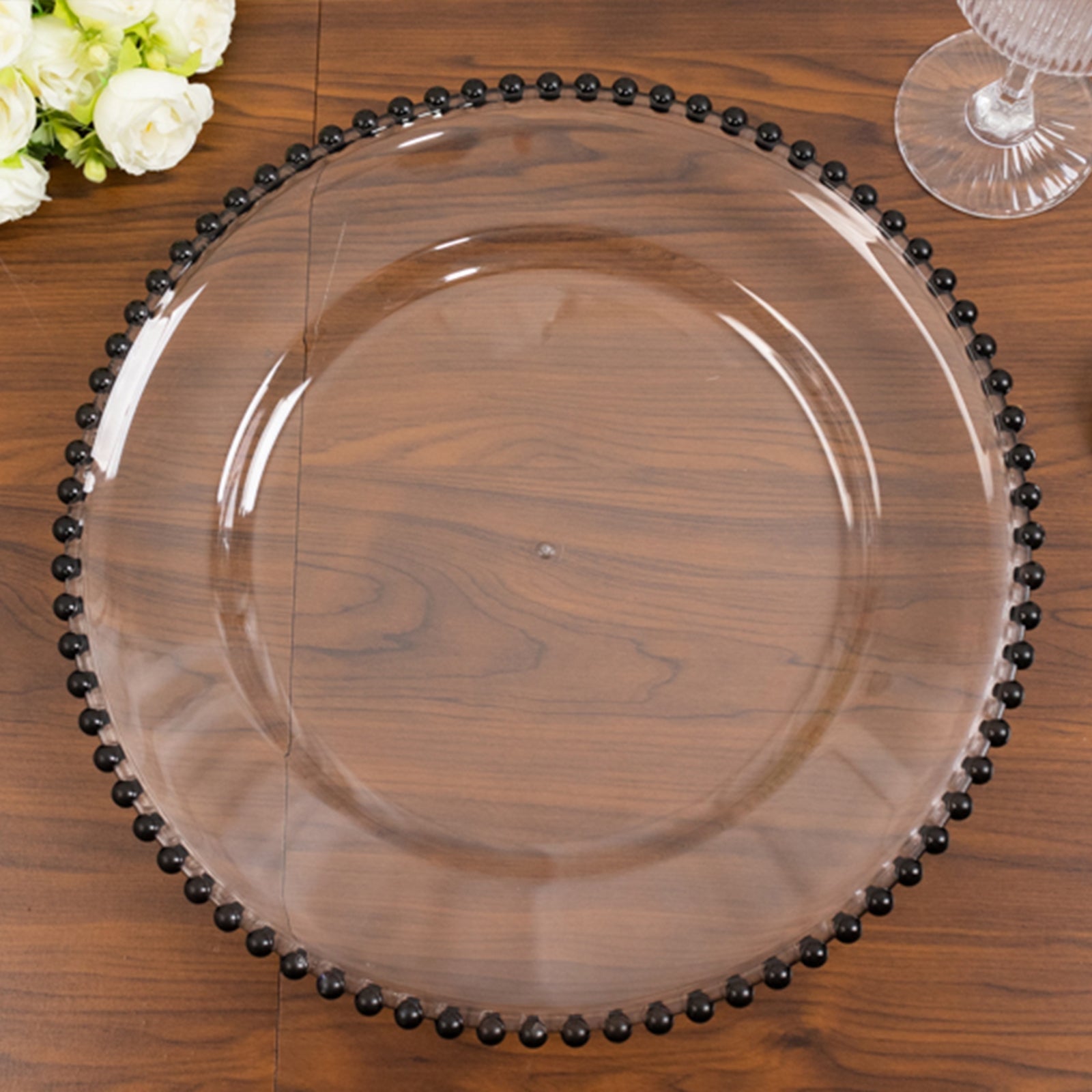 6-Pack Acrylic Round Charger Plates 13 in Clear with Black Beaded Rim, Decorative Dinner Party Charger Tableware