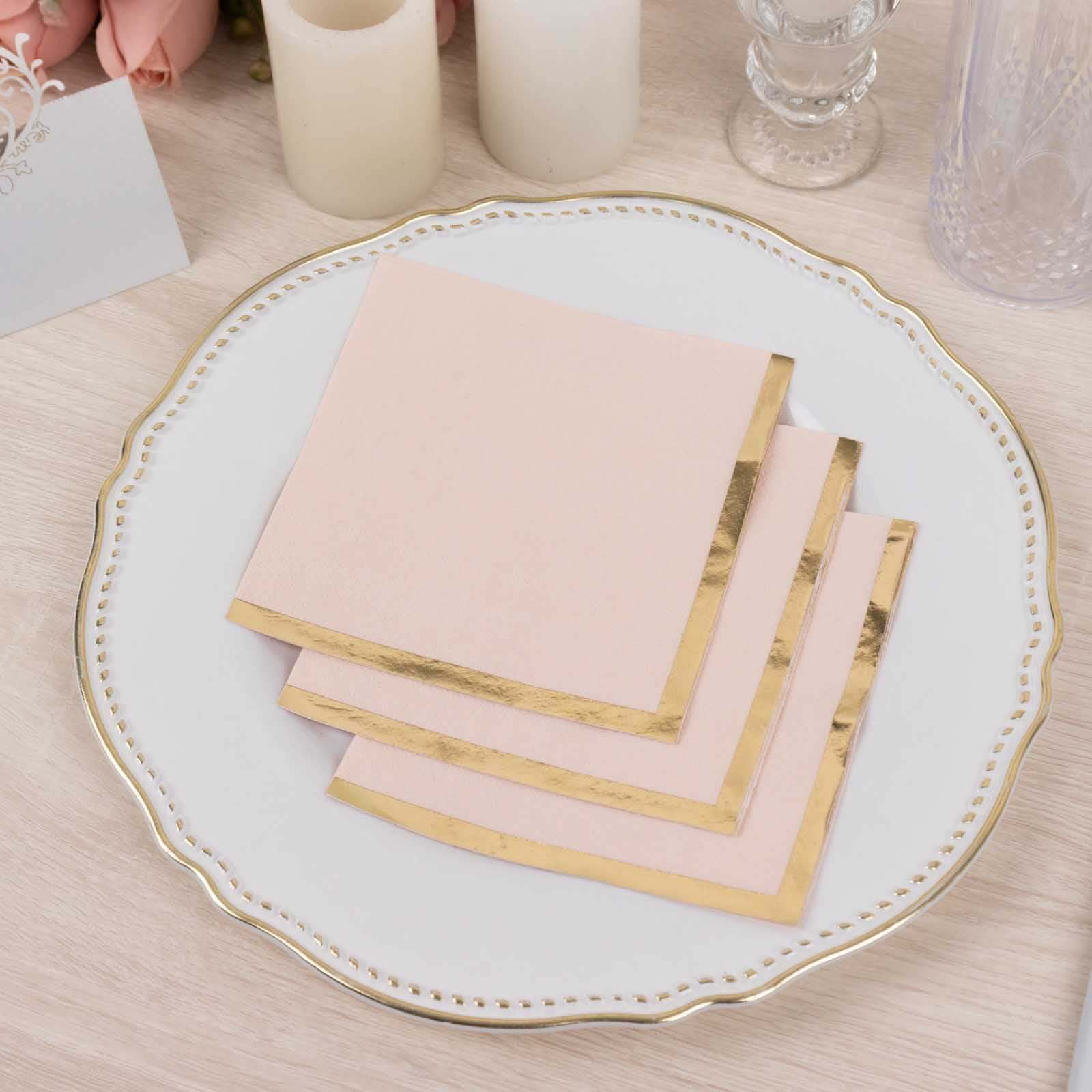 50-Pack Paper Beverage Napkins Blush with Gold Foil Edge - 2 Ply Disposable Soft 18GSM Cocktail Napkins 5x5