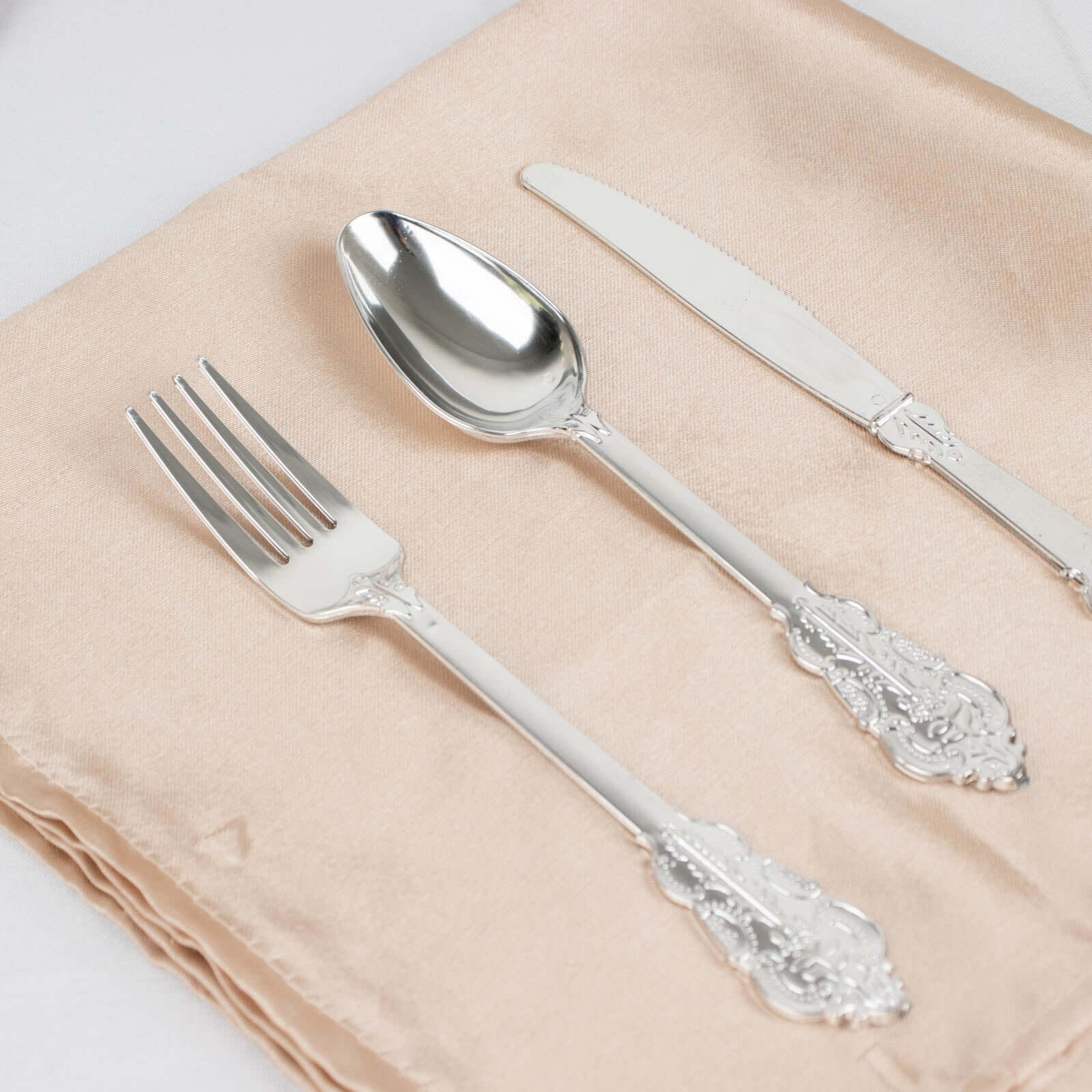 72 Pcs Plastic Silverware Set in Baroque Style Metallic Silver - Heavy Duty Disposable Knife, Fork, and Spoon Set