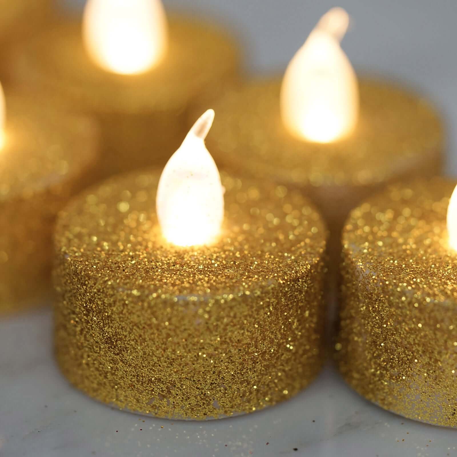 12-Pack LED Tealight Candles Glitter Gold Design - Flameless Battery Operated Tea Lights