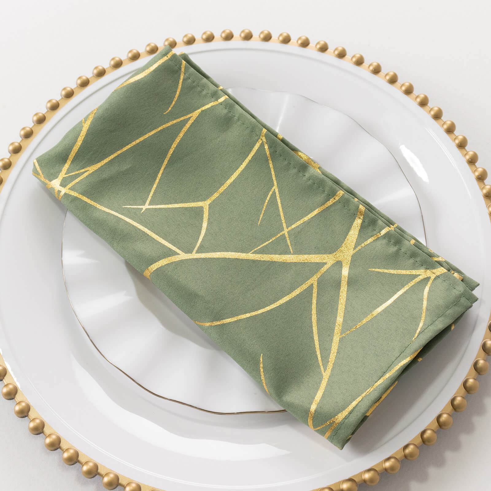 5 Pack Polyester 20x20 Napkins Dusty Sage Green with Gold Foil Tree Branch Pattern - Modern Wrinkle Resistant Cloth Napkins for Weddings & Parties