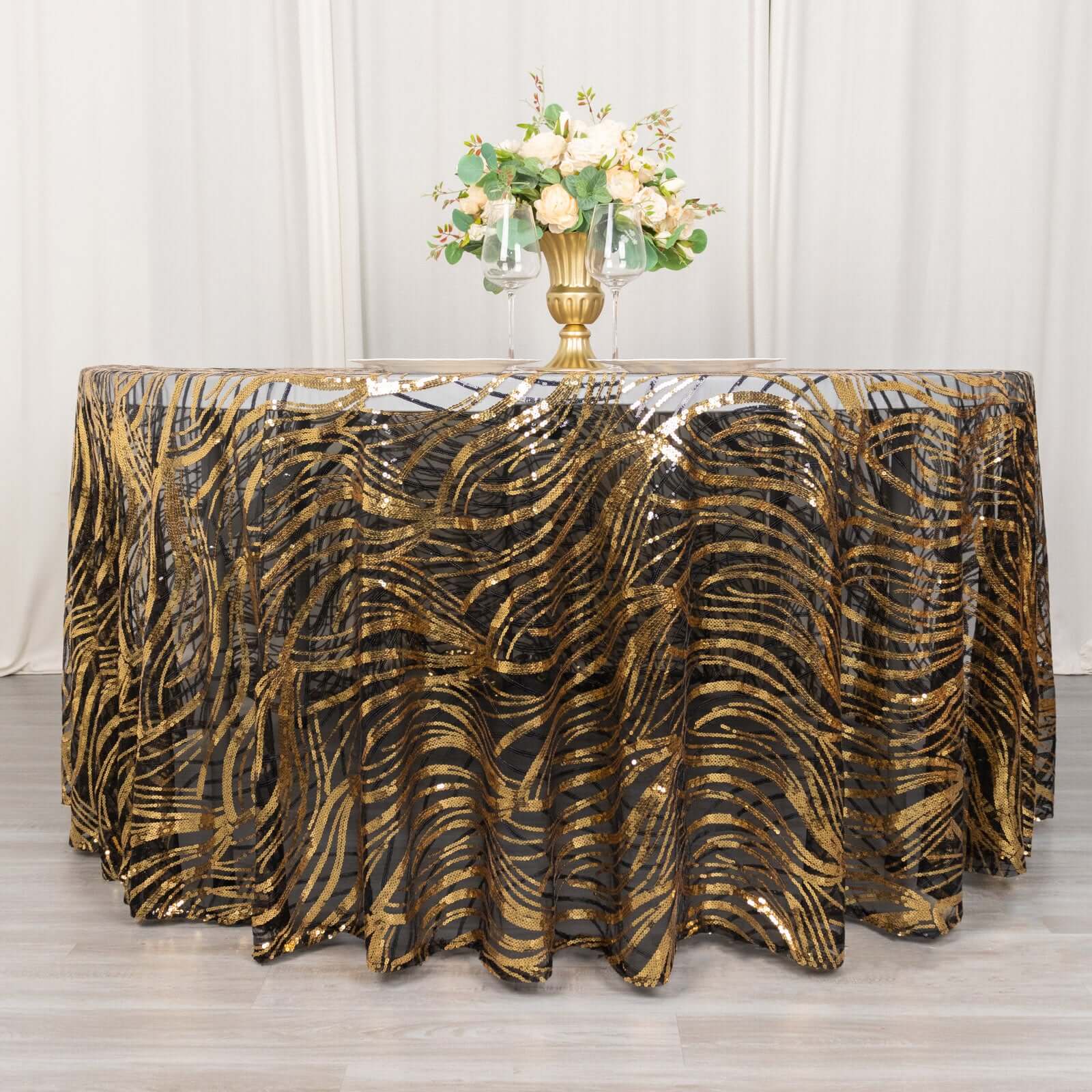 Sequin Mesh 120 Round Tablecloth Black/Gold - Seamless Wave Embroidered Table Cover