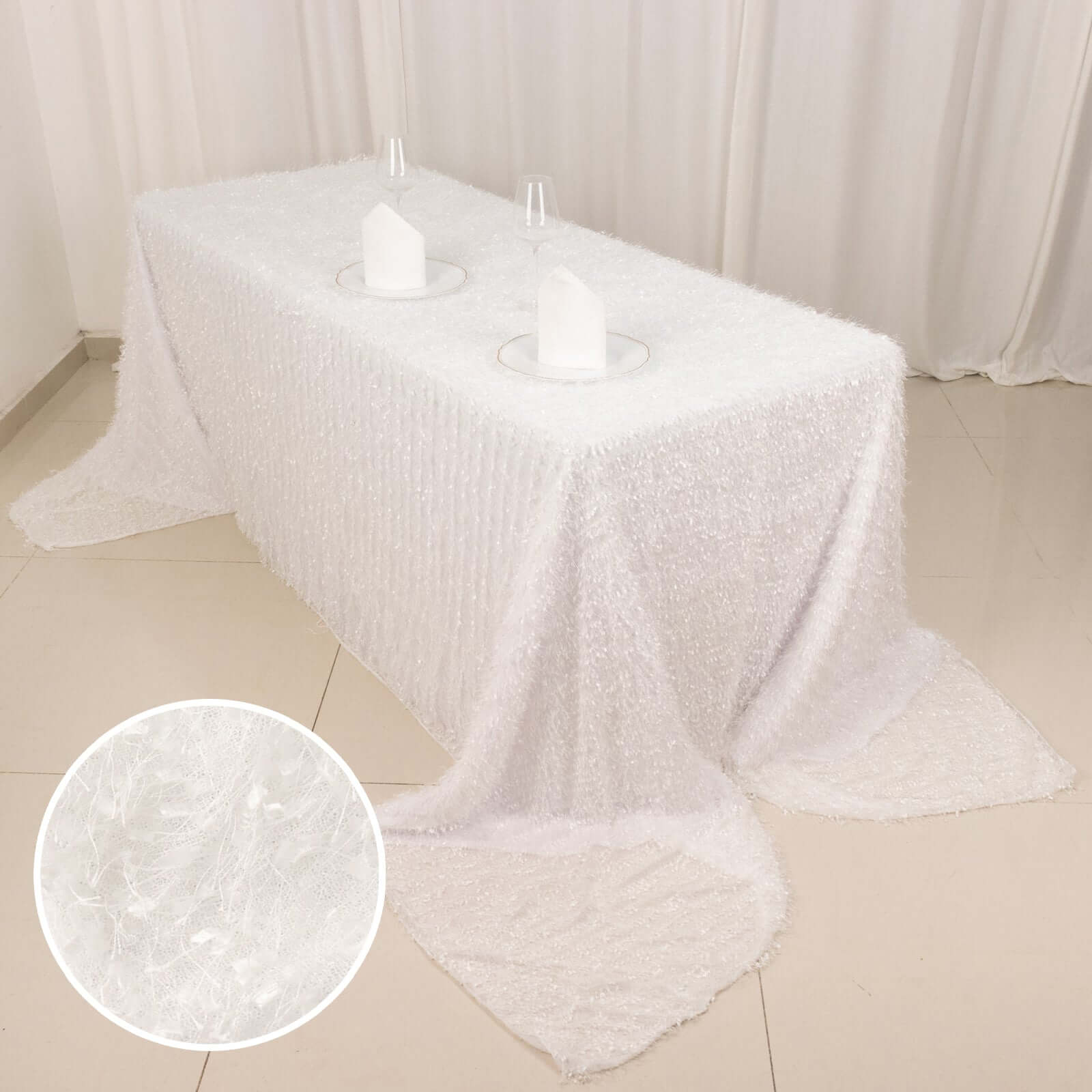 Polyester 90x156 Rectangle Tablecloth White with Shaggy Fringe Design - Stylish Table Cover