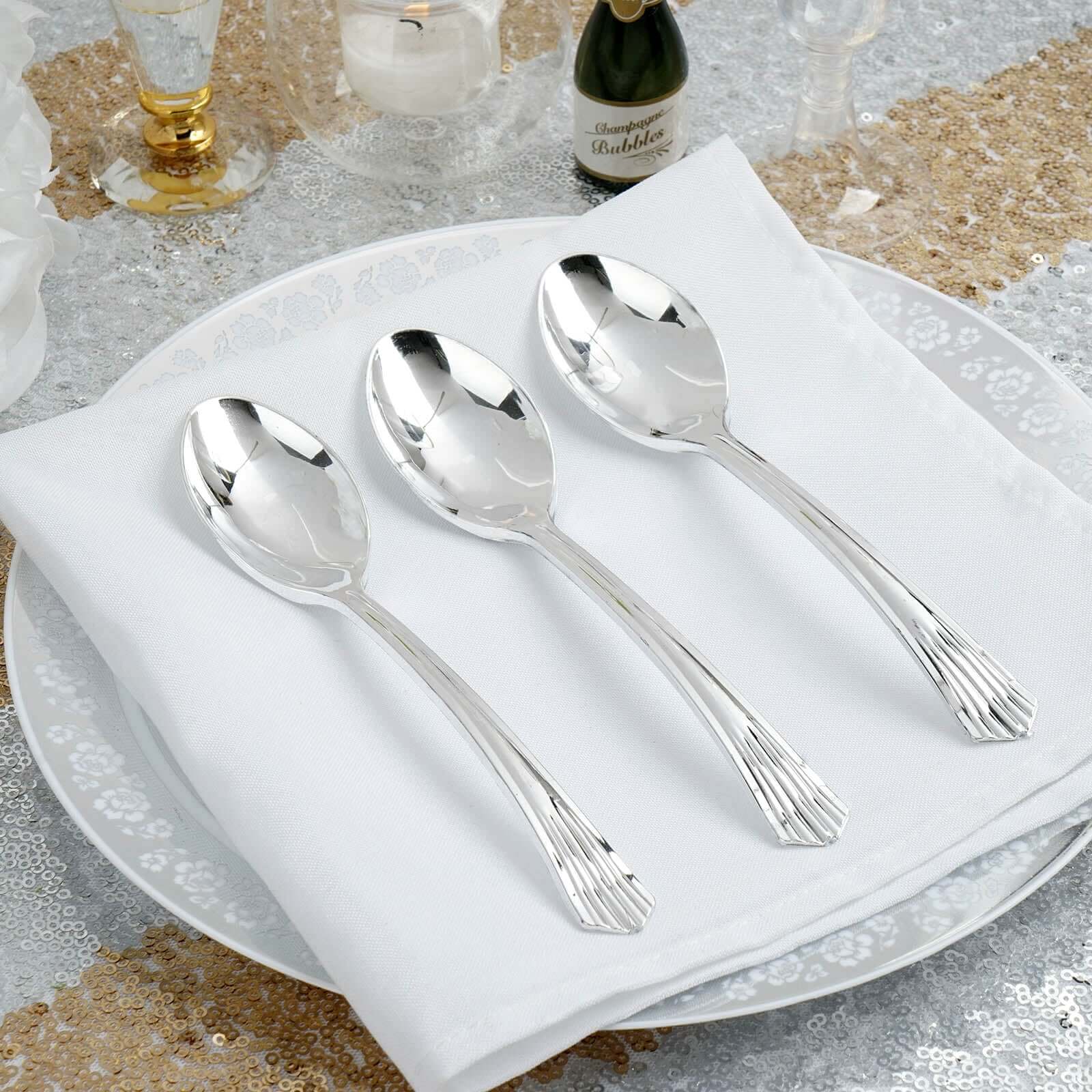 25-Pack Plastic Spoons Silver Heavy Duty with Fluted Handles - Reliable Disposable Cutlery 7