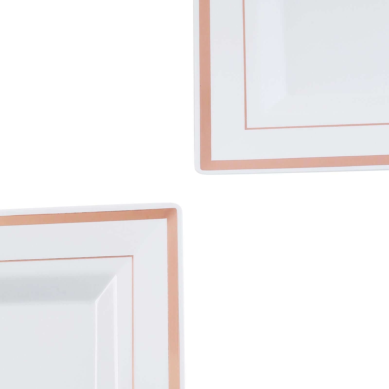 10-Pack Plastic Dinner Plates White Square with Rose Gold Trim - Lightweight Disposable Plates for Events 10