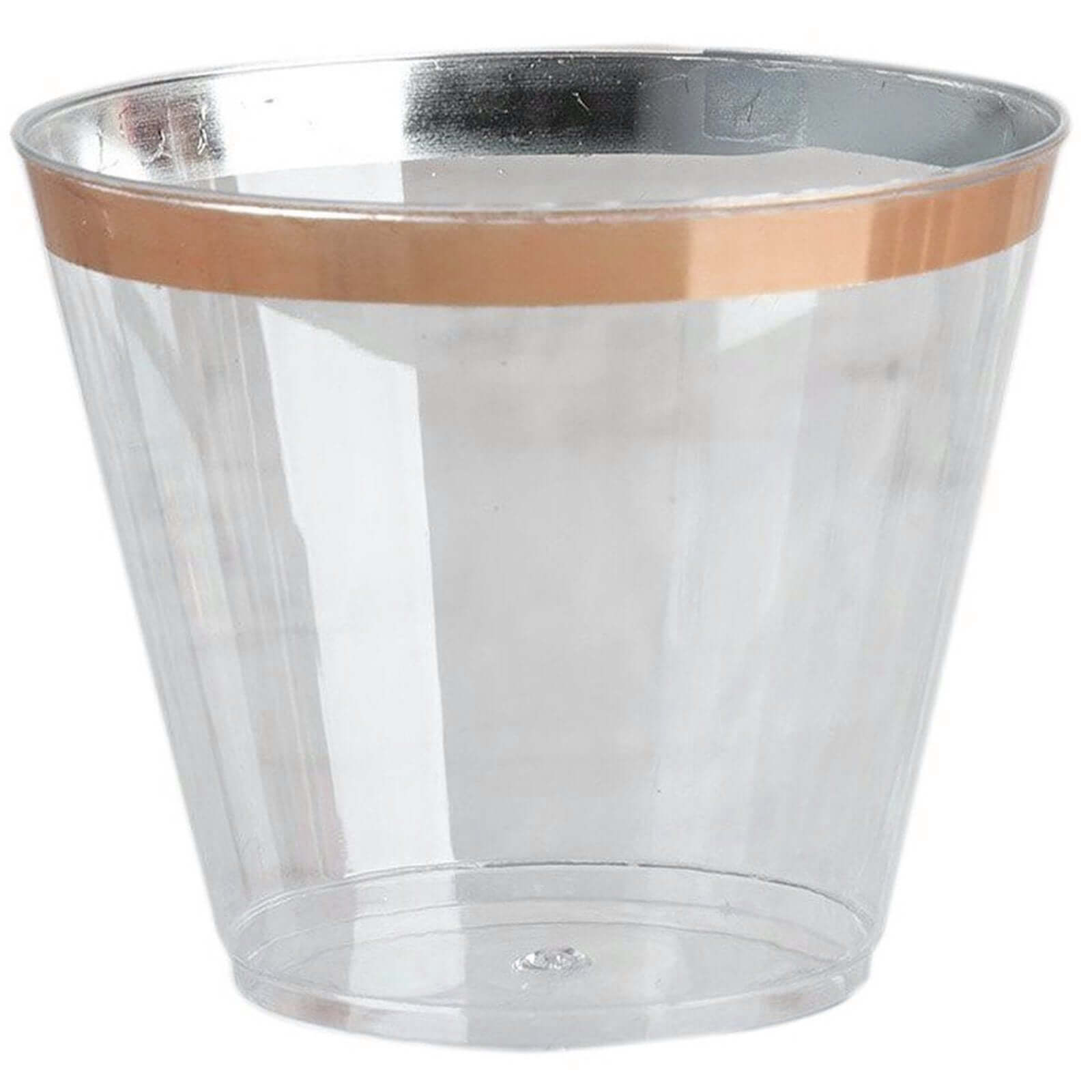 12-Pack Plastic Party Squat Cups Clear with Rose Gold Rim - Stylish Disposable Tumblers for Banquets & Special Occasions 10oz