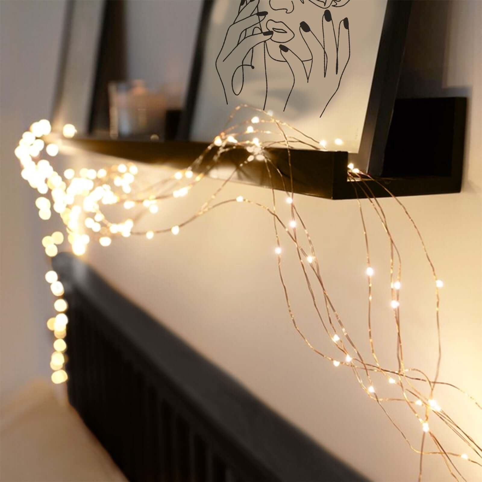 200 LED Fairy Waterfall String Lights Warm White Waterproof Copper Strands - Battery Operated Décor 8ft