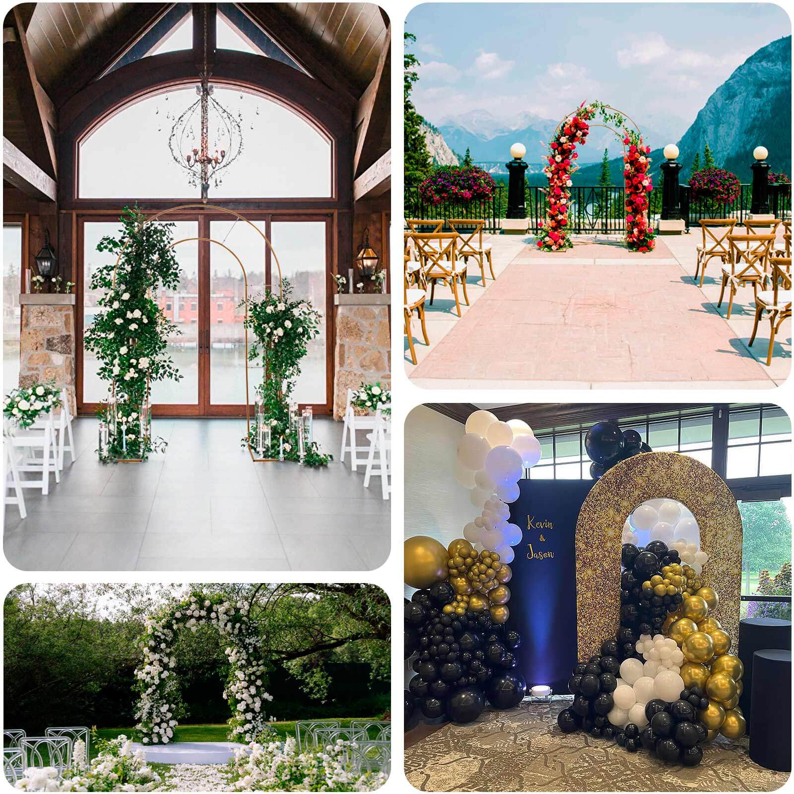 8ft Tall Gold Metal Round Top Double Arch Wedding Arbor Ceremony Stand, Flower Balloon Frame Backdrop Stand