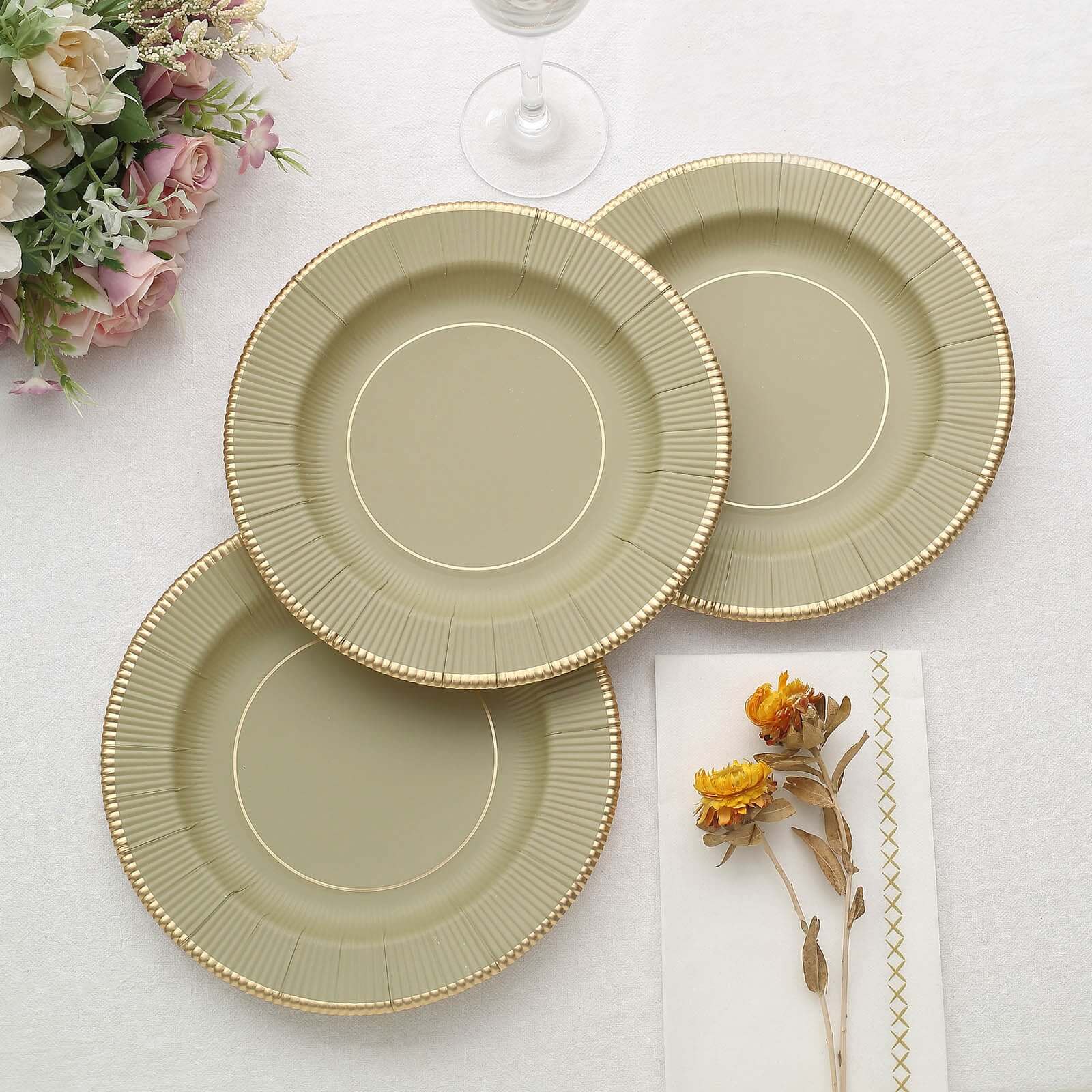 25-Pack Paper 8 Round Dessert Plates in Khaki Sunray Design with Gold Rim - Disposable Heavy Duty 350GSM Appetizer Salad Plates