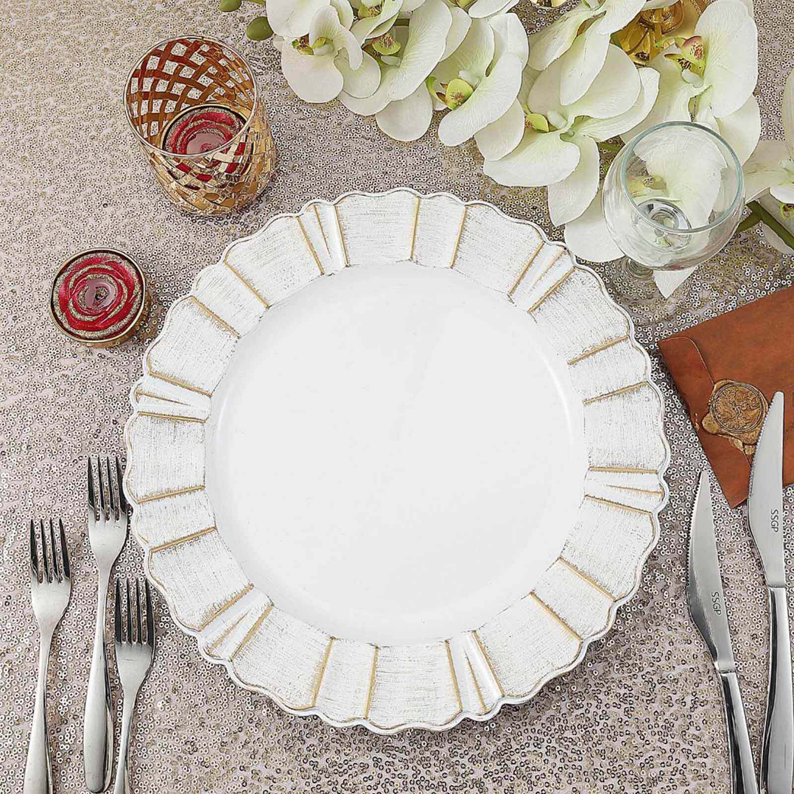 6-Pack Acrylic Plastic Round Charger Plates 13 in White with Gold Brushed Wavy Scalloped Rim, Decorative Dinner Party Charger Tableware