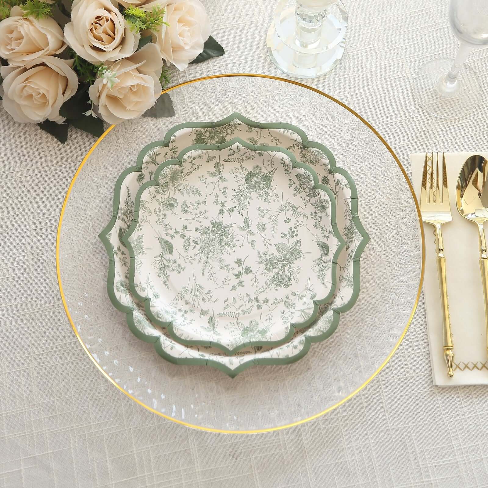 25-Pack Paper 10 Round Dinner Plates in White with Sage Green French Toile Design & Scalloped Rim - Disposable 300GSM Party Plates for Classy Events & Special Occasions