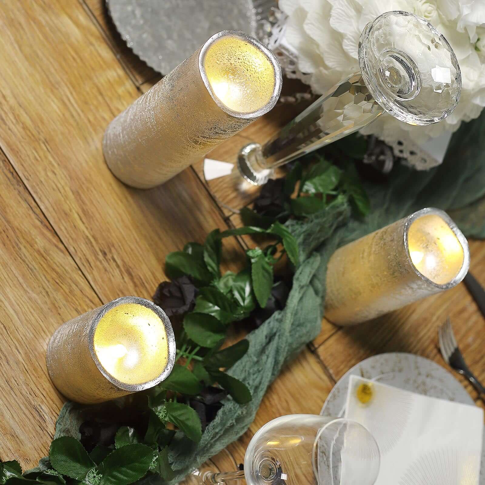 Set of 3 LED Flameless Pillar Candles Remote Operated Metallic Silver - Battery Powered 4, 6, 8