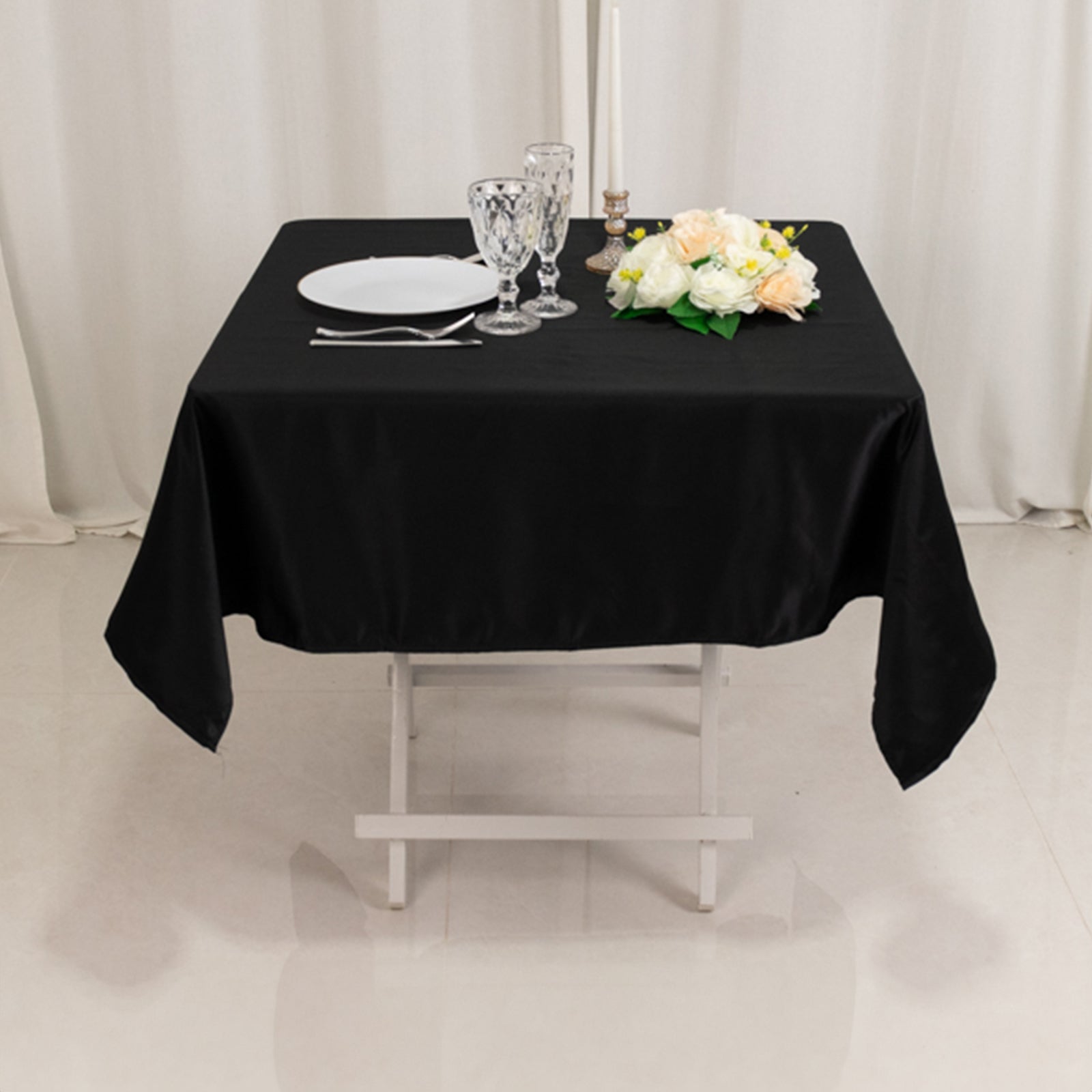 Lamour Satin 54x54 Square Tablecloth Black - Durable & Silk-Like Table Cover for Weddings & Parties