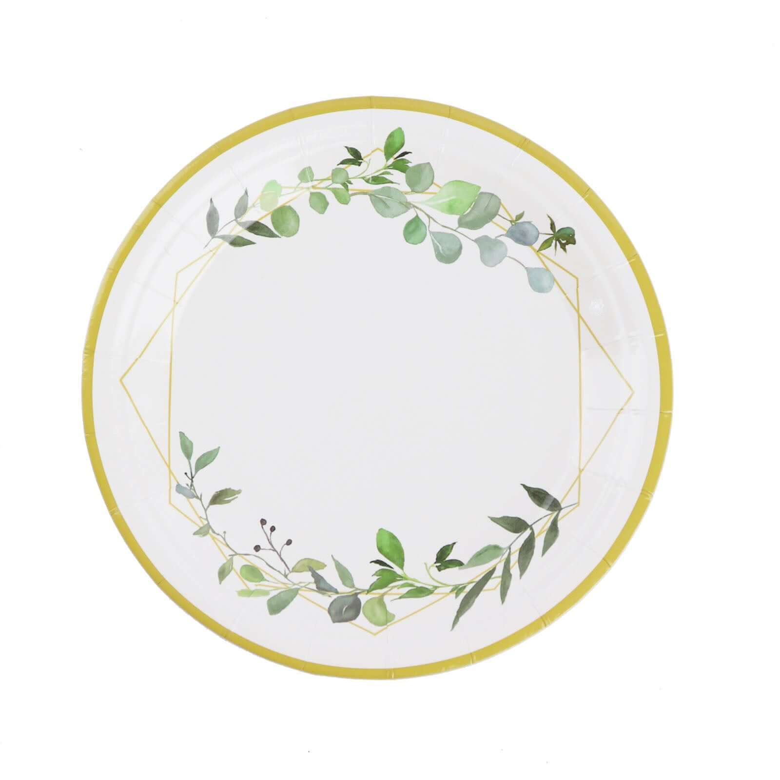 24-Pack Paper 7 Round Dessert Plates in White with Eucalyptus Leaves & Gold Rim - Disposable 300GSM Salad Plates for Garden Weddings & Celebrations