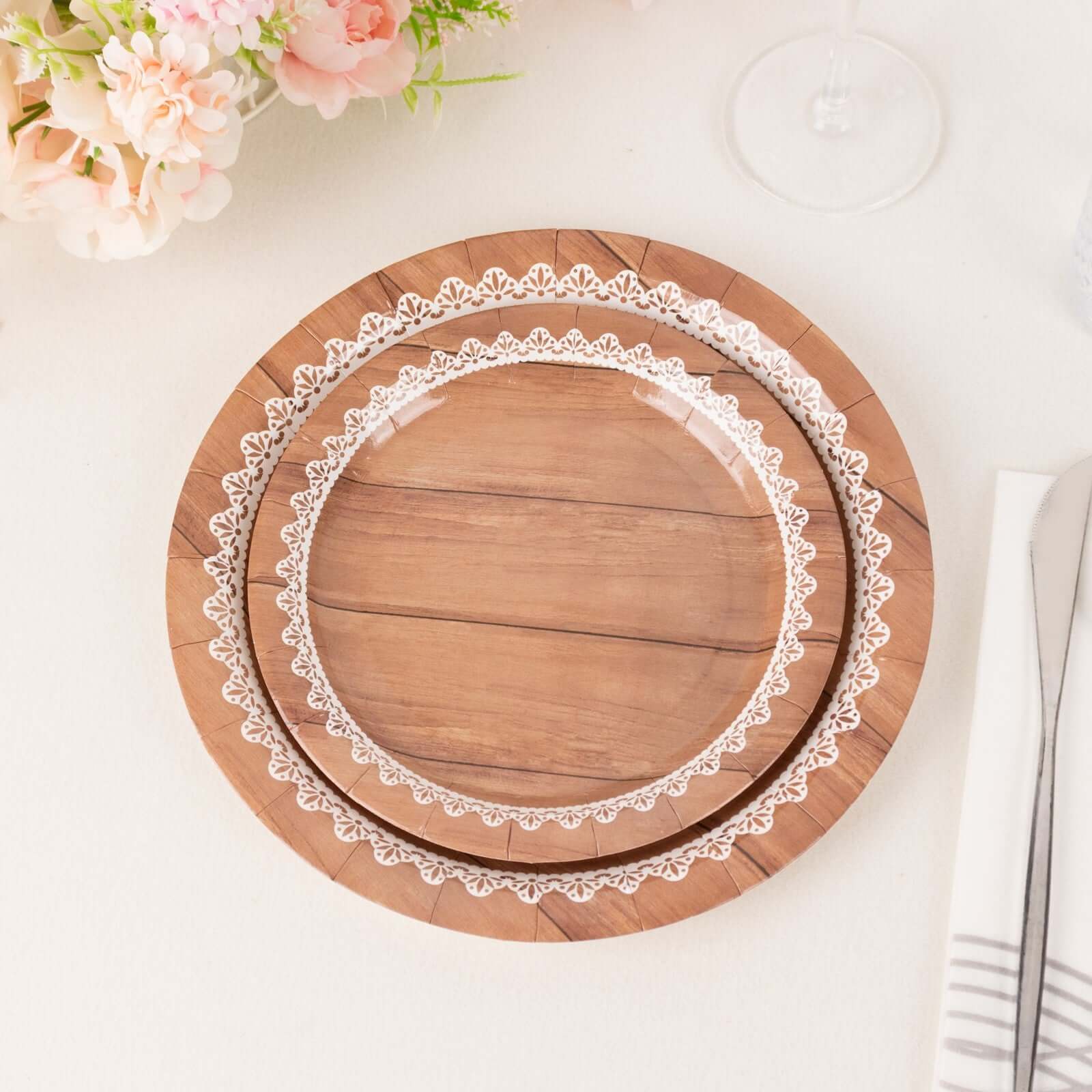 25-Pack Paper 7 Round Dessert Plates in Brown Wood Grain Print with White Floral Lace Rim - Disposable Appetizer Salad Plates for Rustic Farmhouse Style Events