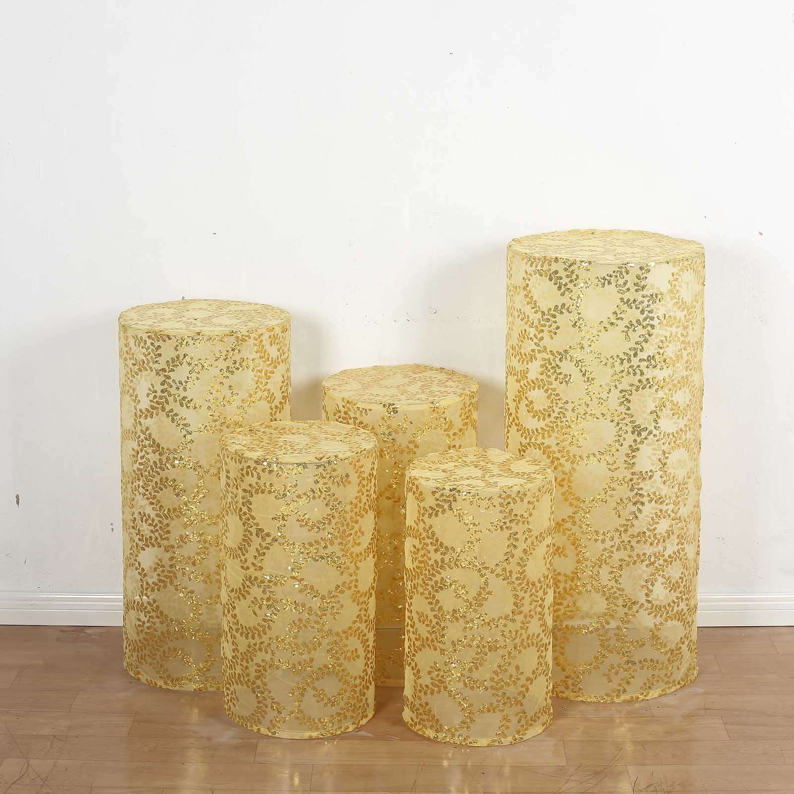 Set of 5 Gold Sequin Mesh Cylinder Pedestal Stand Covers with Leaf Vine Embroidery, Sparkly Sheer Tulle Pillar Prop Covers