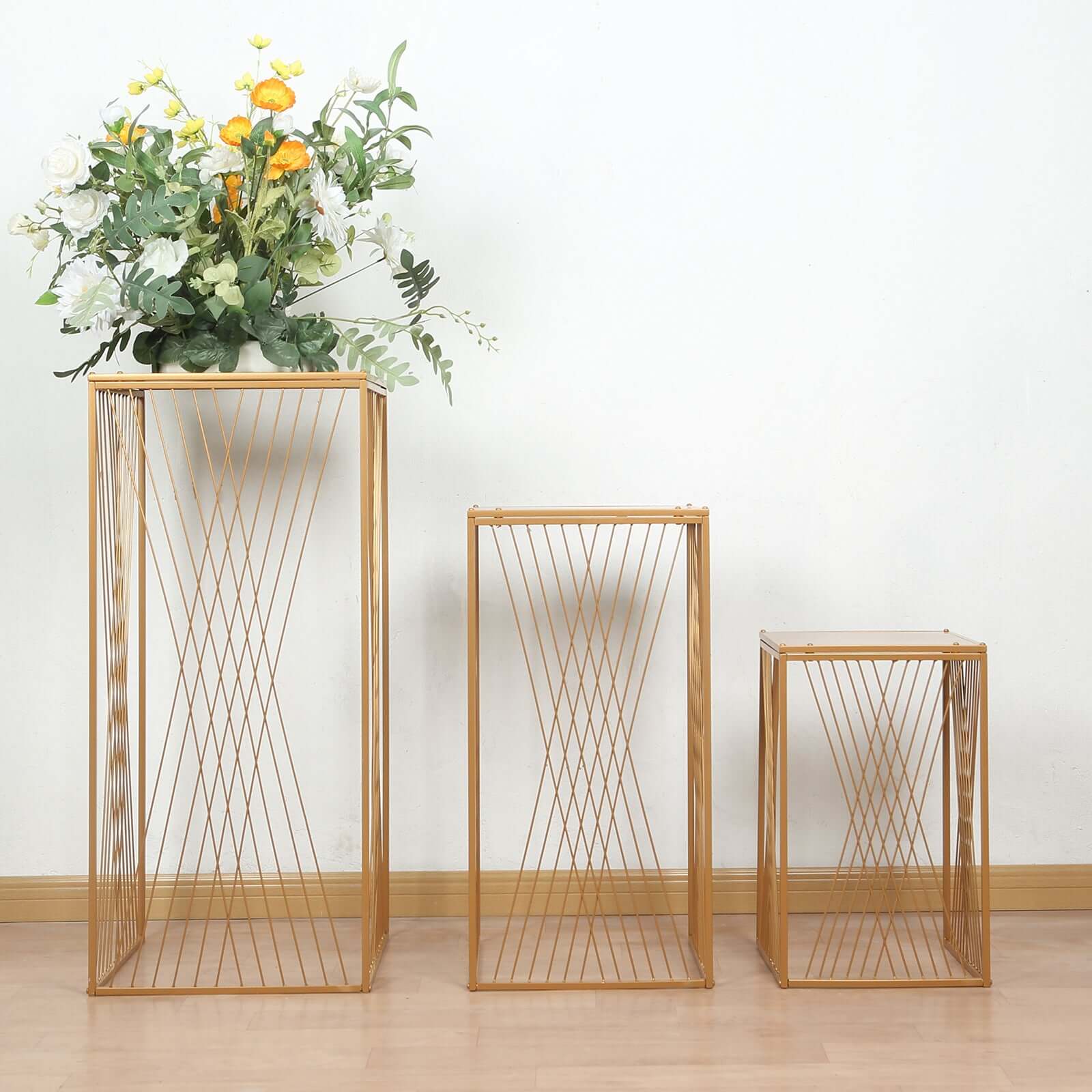 Set of 3 Gold Metal Rectangular Plant Stands with Geometric Crossed Lines Pattern, Nesting Cake Dessert Tables Floral Display Stands - 19,27,35