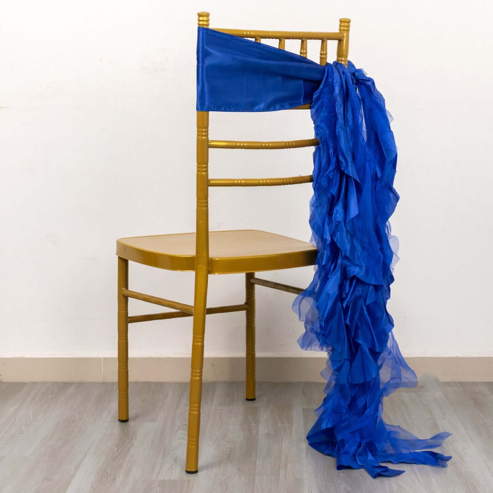 5 Pack Chiffon Satin Chair Sashes Royal Blue - Easy to Install Ruffled Curly Willow