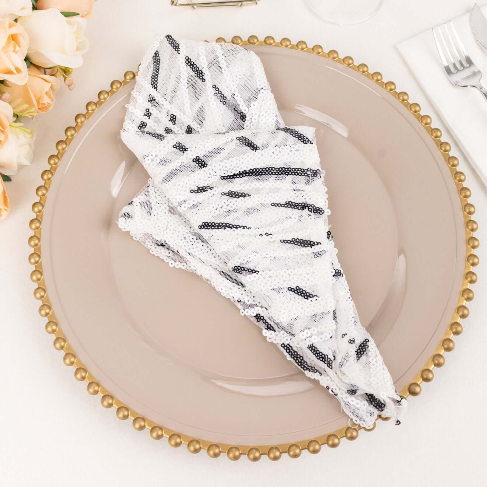 Sequin Mesh 20x20 Napkin White Black - Wave Embroidered Reusable Napkin