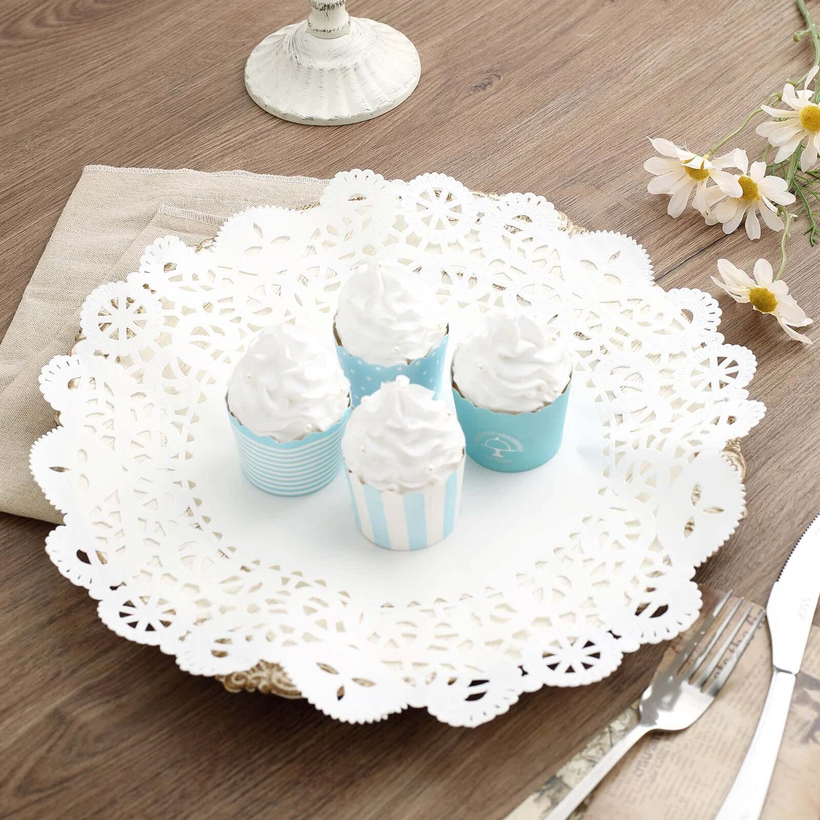 100 Pcs Paper 14 Round Placemats in White - Food Grade Lace Paper Doilies for Dessert Display & Table Decor