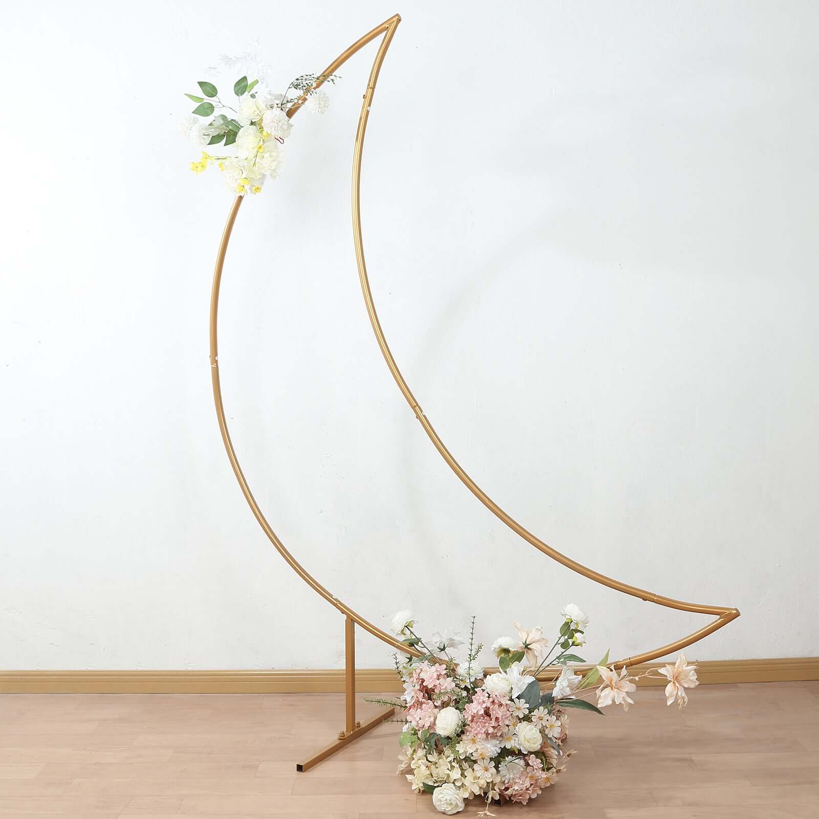 6.5ft Gold Metal Crescent Moon Wedding Arch Backdrop Stand, Curved Arbor Floral Balloon Frame with Sturdy Base