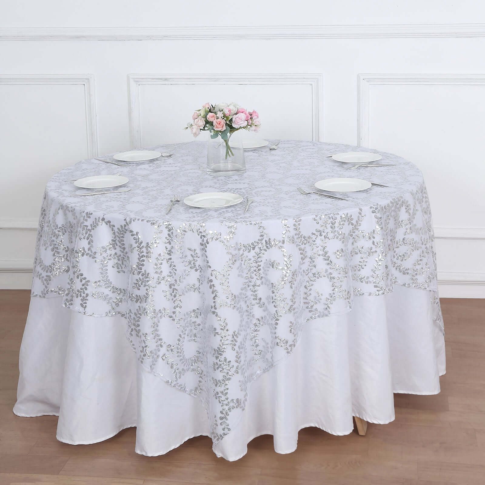 Tulle 72x72 Table Overlay Square Tablecloth Silver - Sequin Leaf Embroidered Table Topper