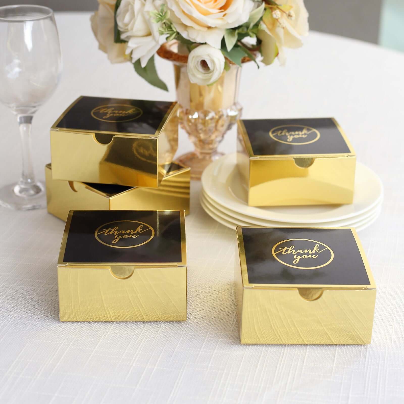 25 Pack Black Gold Thank You Print Paper Favor Boxes, Cardstock Party Shower Candy Gift Boxes - 4x4x2