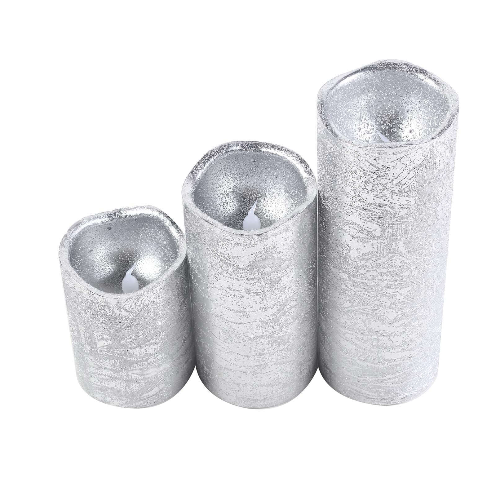 Set of 3 LED Flameless Pillar Candles Remote Operated Metallic Silver - Battery Powered 4, 6, 8