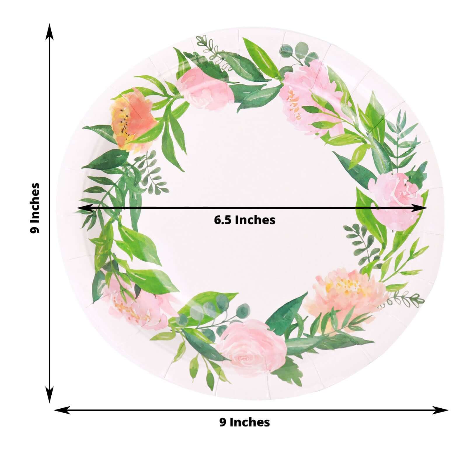 25-Pack Paper 9 Round Dinner Plates in White with Rose/Peony Flower Wreath - Disposable Party Plates for Bridal Showers & Garden Parties