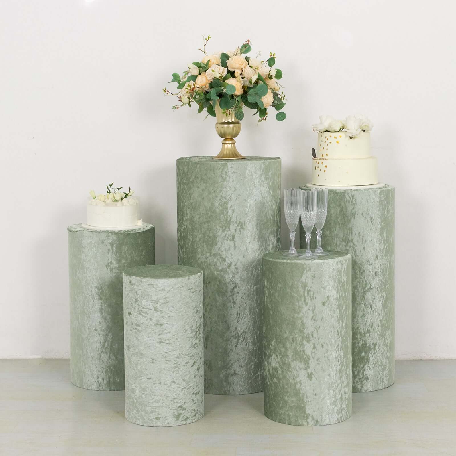 Set of 5 Sage Green Crushed Velvet Cylinder Pedestal Stand Covers, Premium Pillar Prop Covers