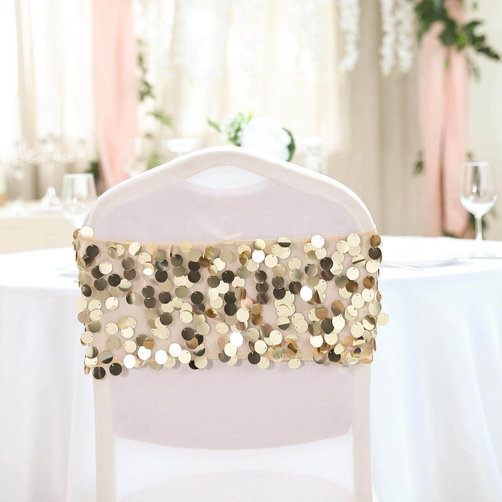 5 Pack Big Payette Sequin 13x10 Chair Sash Bands Champagne - Stylish Glittering Decor for Weddings & Gatherings