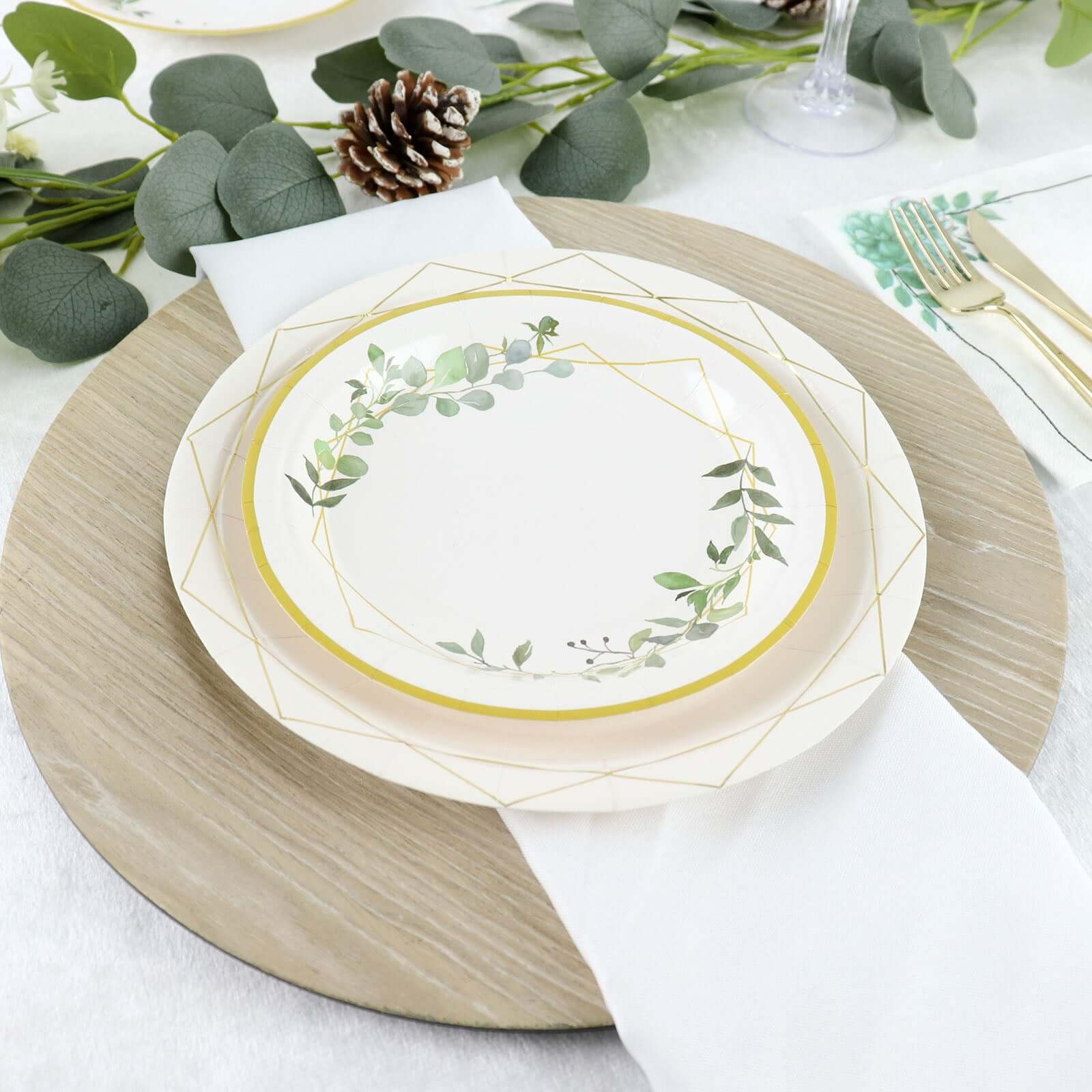 24-Pack Paper 7 Round Dessert Plates in White with Eucalyptus Leaves & Gold Rim - Disposable 300GSM Salad Plates for Garden Weddings & Celebrations