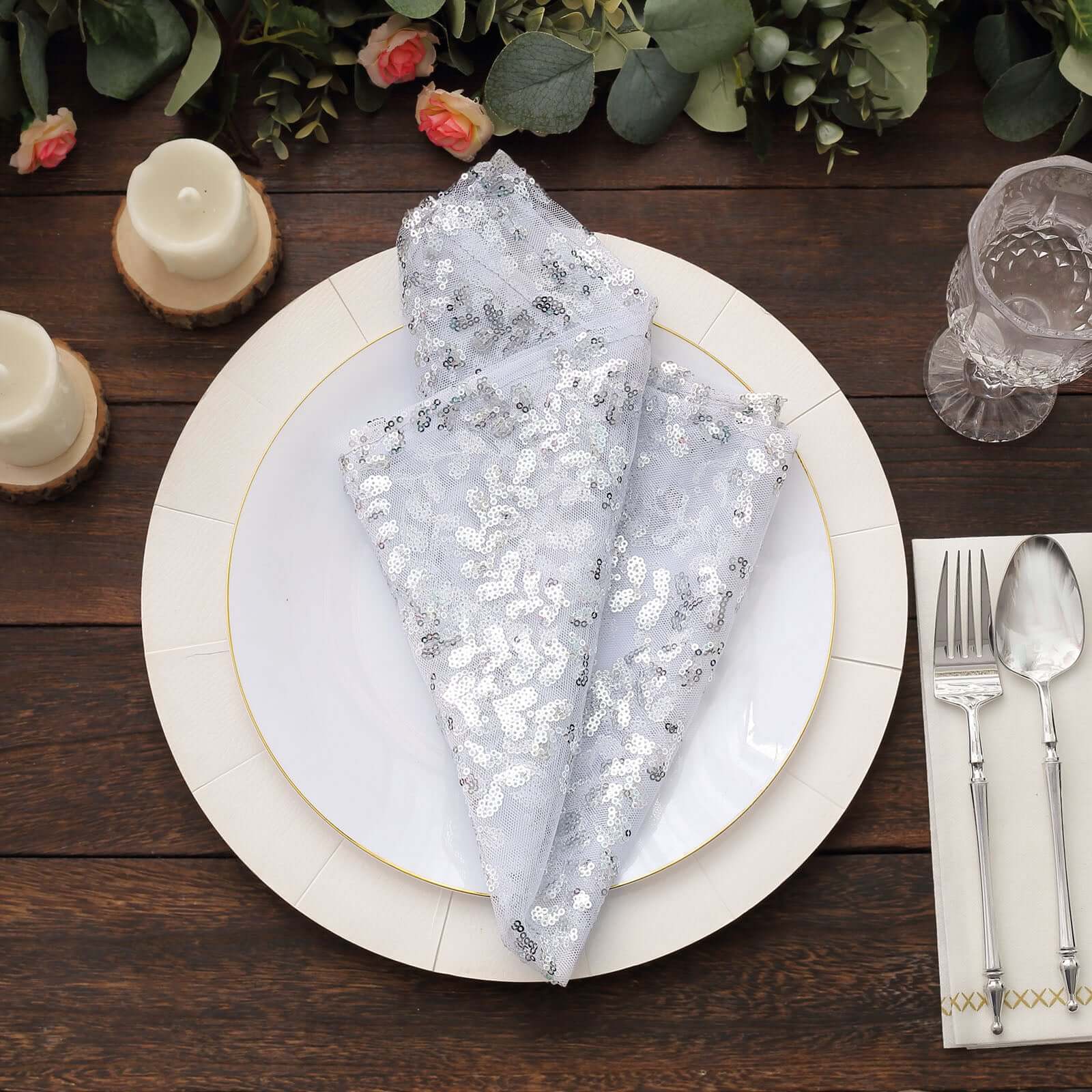 Sequin Tulle 20x20 Napkin Silver - Embroidered Leaf Vine Dinner Napkins