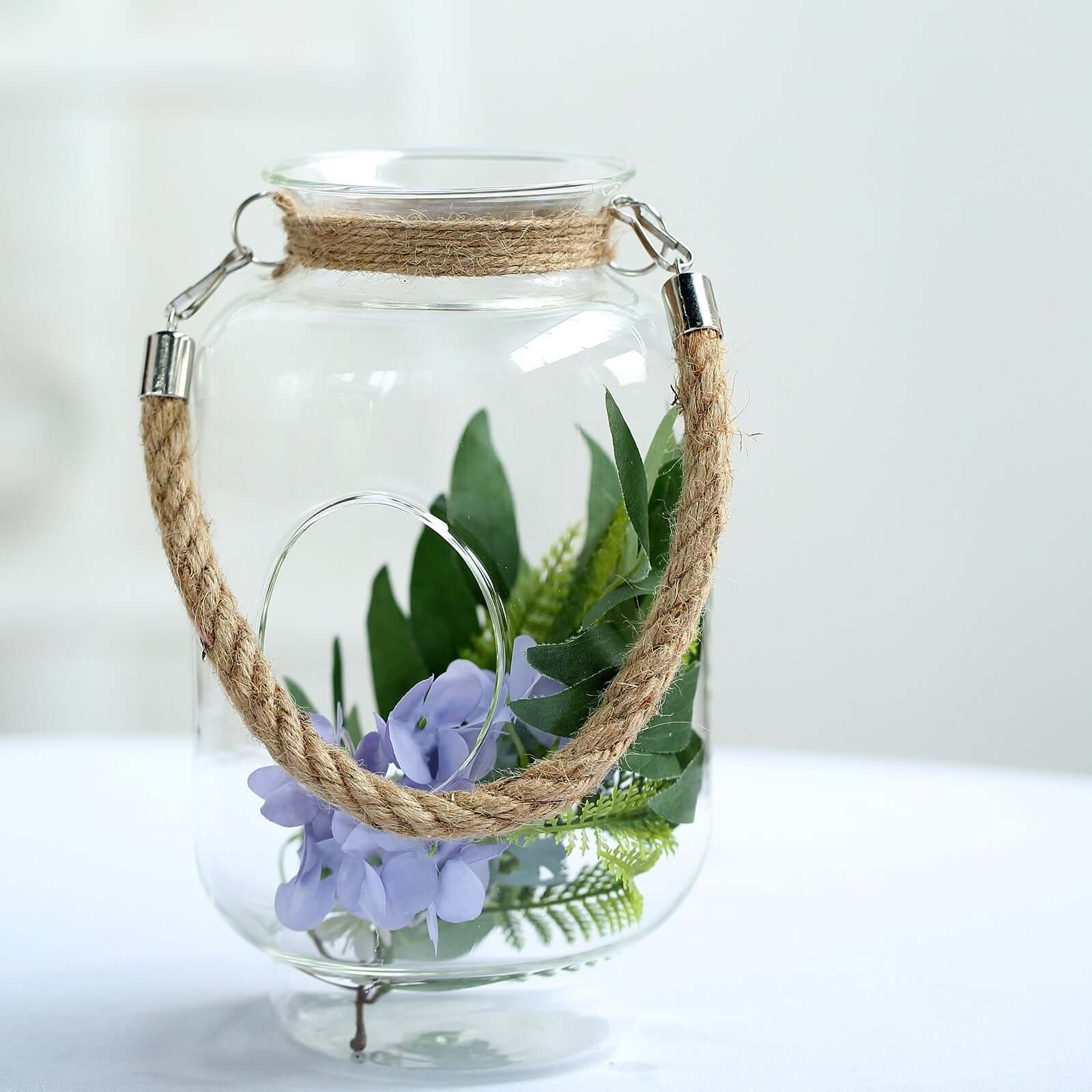 2-Pack Glass Vase Jars Clear with Twine Rope Handle - Rustic Hanging Terrariums for Events 16