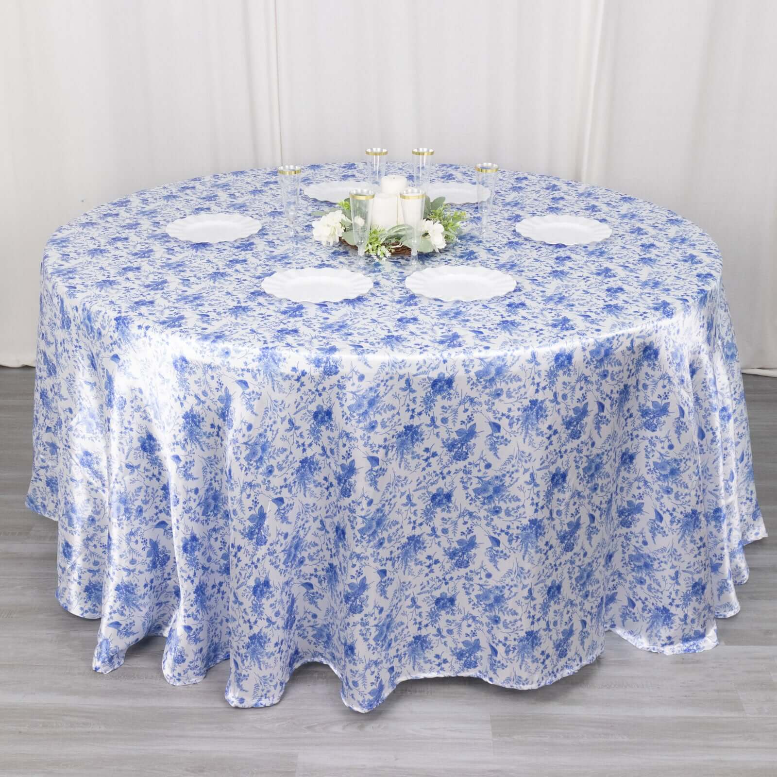 Satin Round 120 Tablecloth White/Blue French Toile Design - Seamless Stylish & Wrinkle-Resistant Table Cover