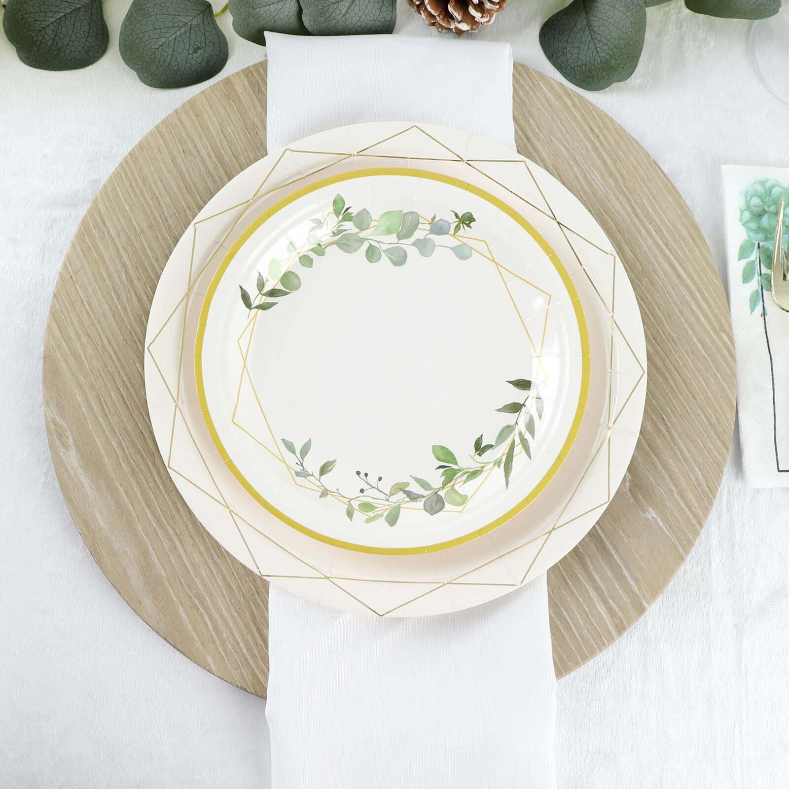 24-Pack Paper 7 Round Dessert Plates in White with Eucalyptus Leaves & Gold Rim - Disposable 300GSM Salad Plates for Garden Weddings & Celebrations