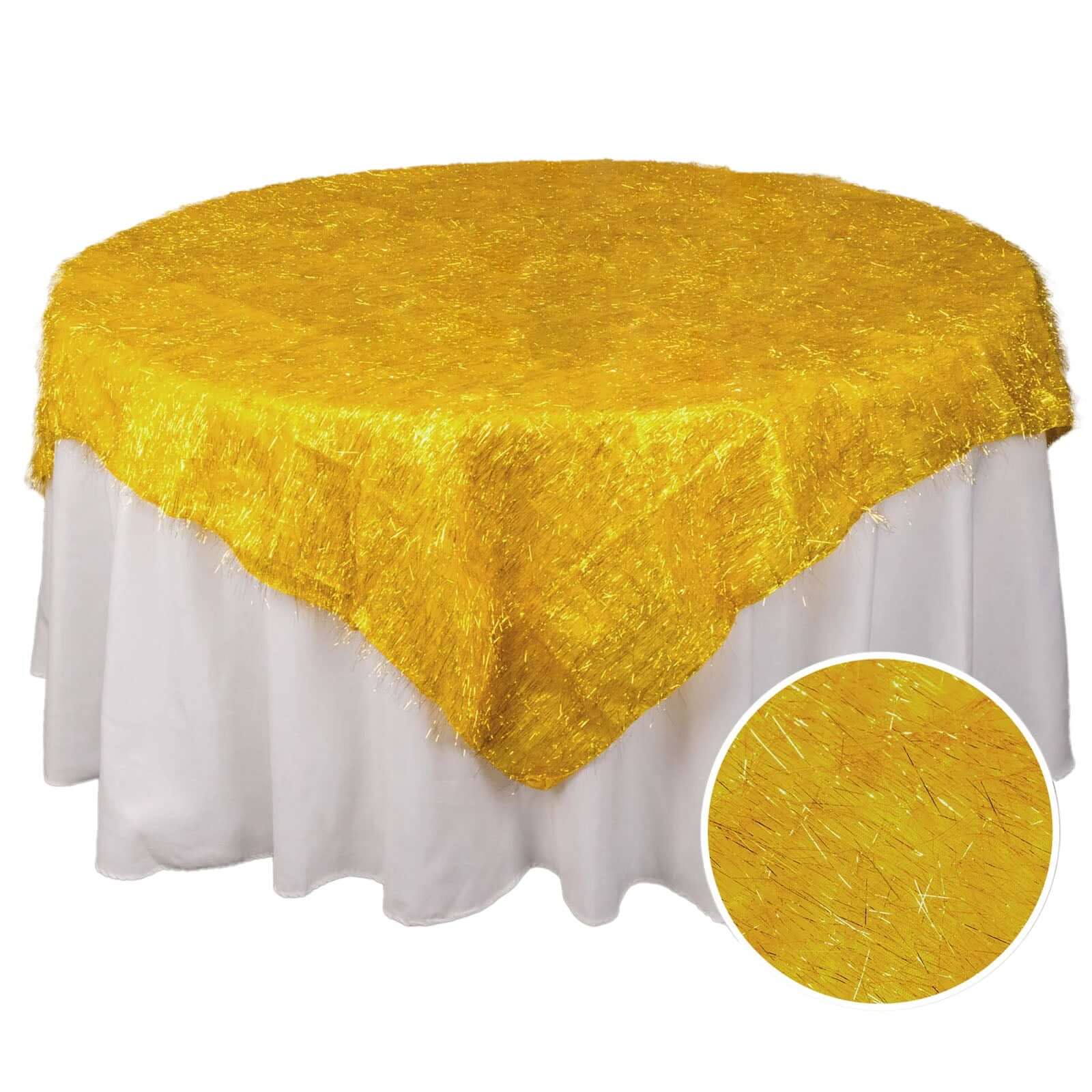 Polyester 72x72 Table Overlay Square Tablecloth Gold - Metallic Fringe Shag Tinsel Design for Luxe Events