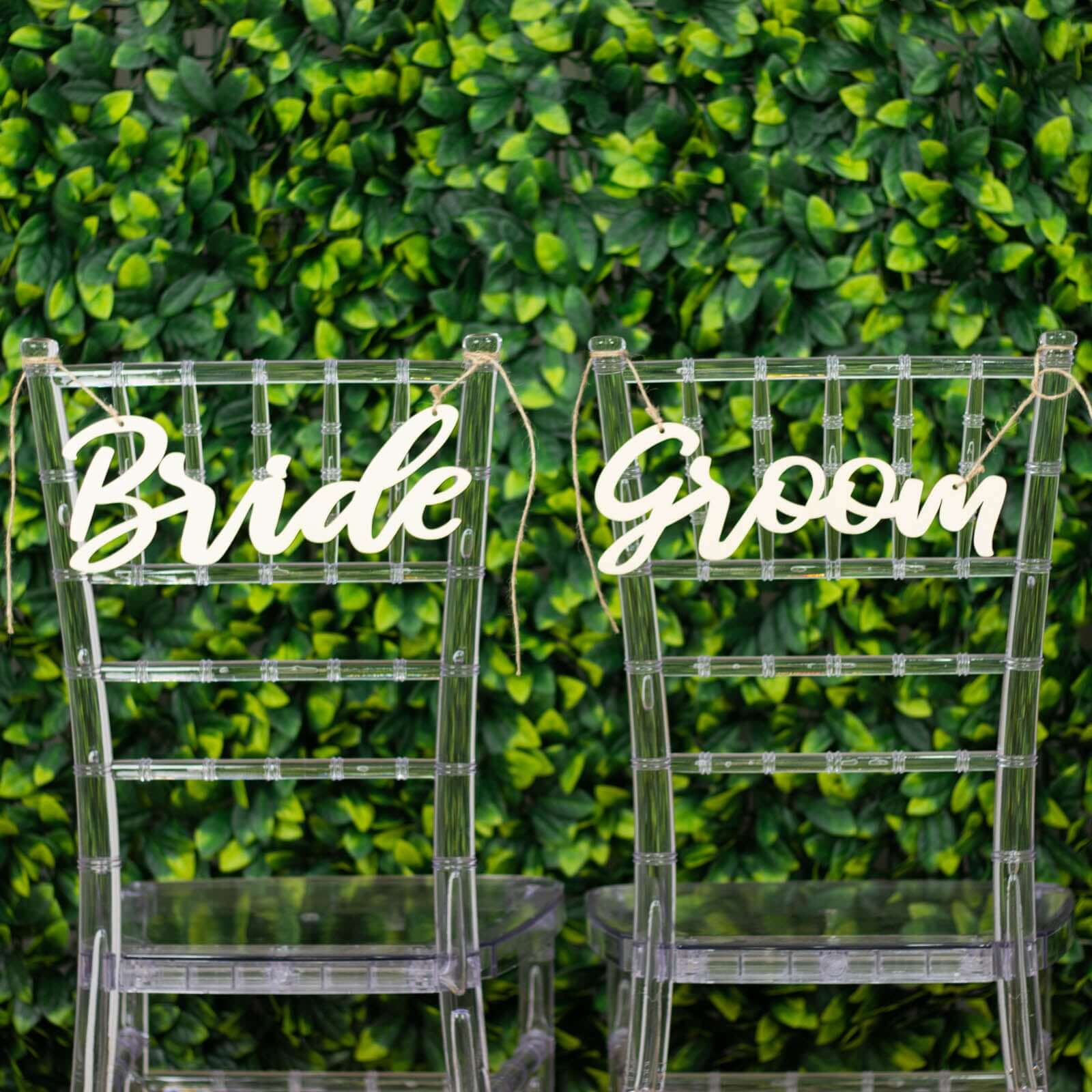 Set of 2 Bride and Groom Chair Signs Natural Wood - Charming Calligraphy Wall Hanging Wedding Decor & Props 12x5