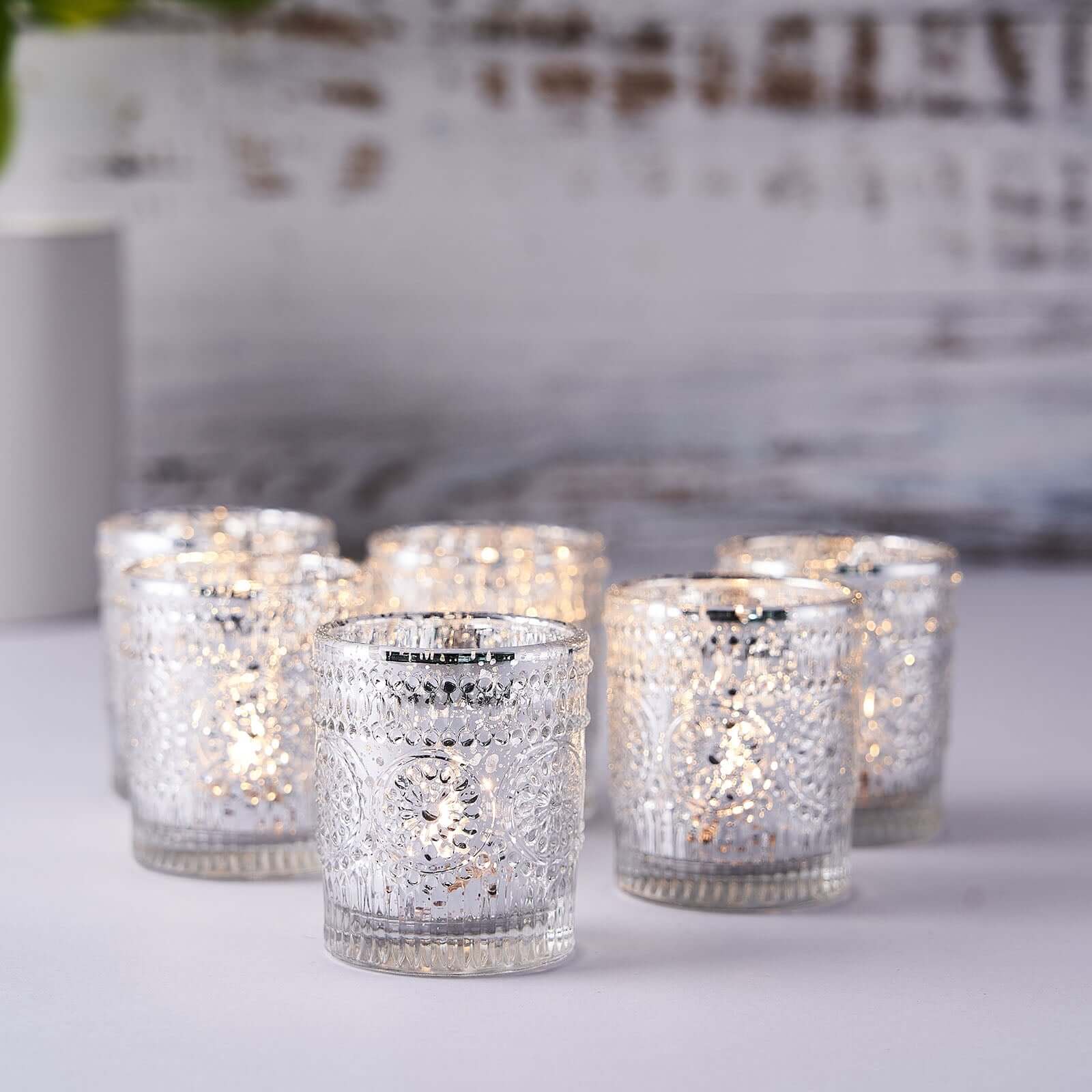 6-Pack Mercury Glass Candle Holders Silver Primrose Design - Votive Tealight Holders for Weddings