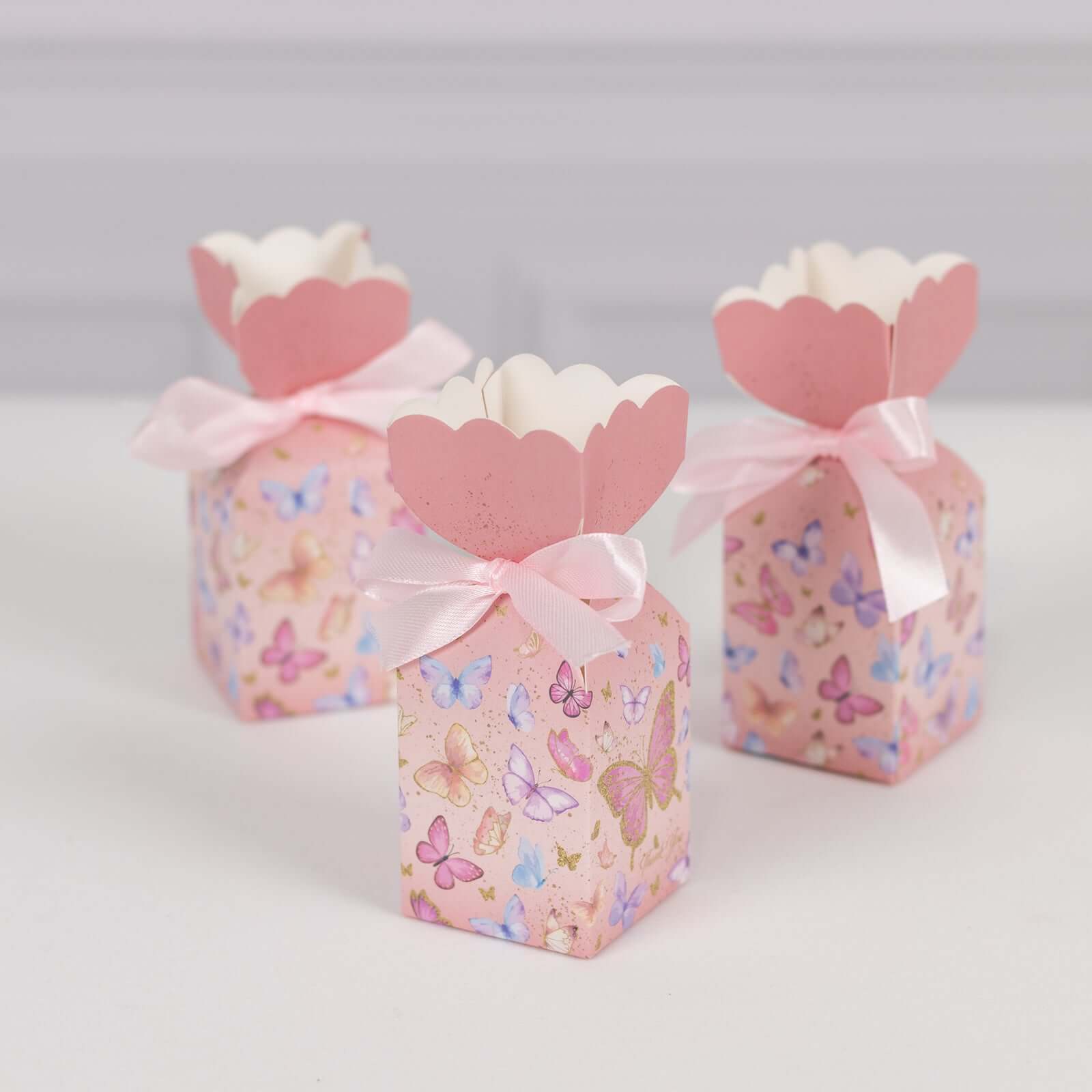 25 Pack Pink Floral Top Candy Gift Boxes With Butterfly Print, Cardstock Paper Party Favor Boxes With Satin Ribbons - 2x5