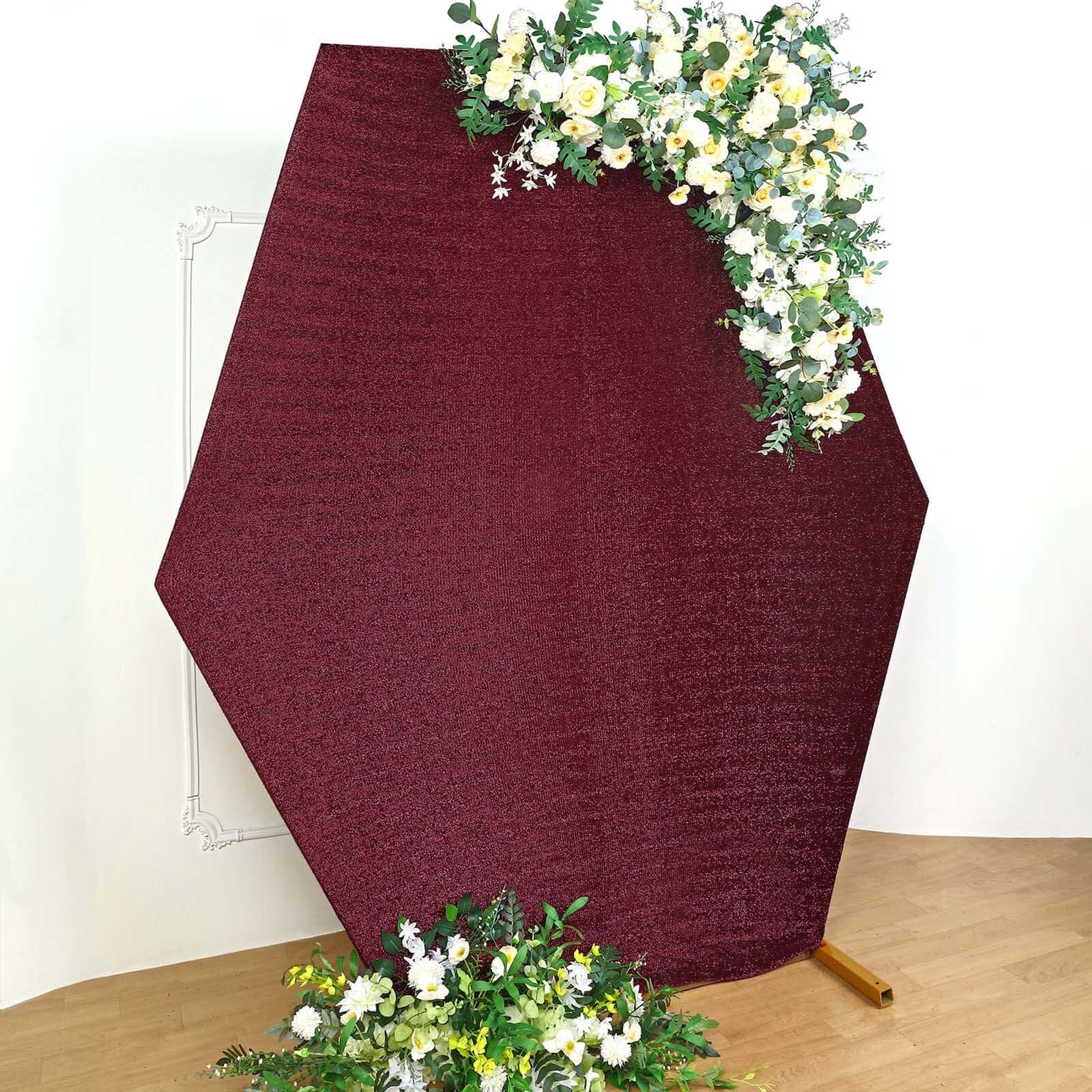 8ftx7ft Burgundy Metallic Shimmer Tinsel Spandex Hexagon Wedding Arbor Cover, 2-Sided Backdrop