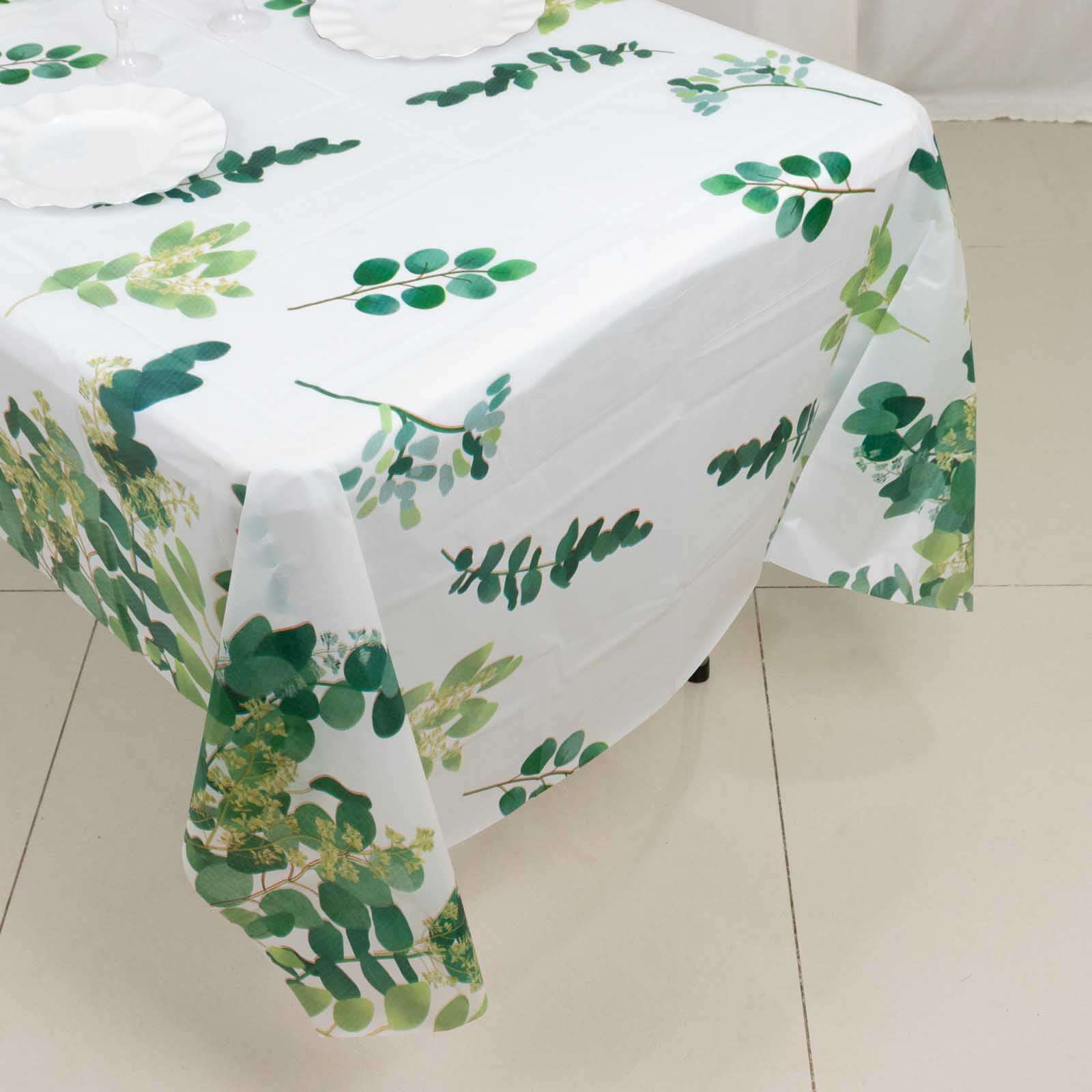 5-Pack Plastic Table Covers White/Green Rectangle with Eucalyptus Leaves Print - Decorative PVC Disposable Tablecloths 54x108