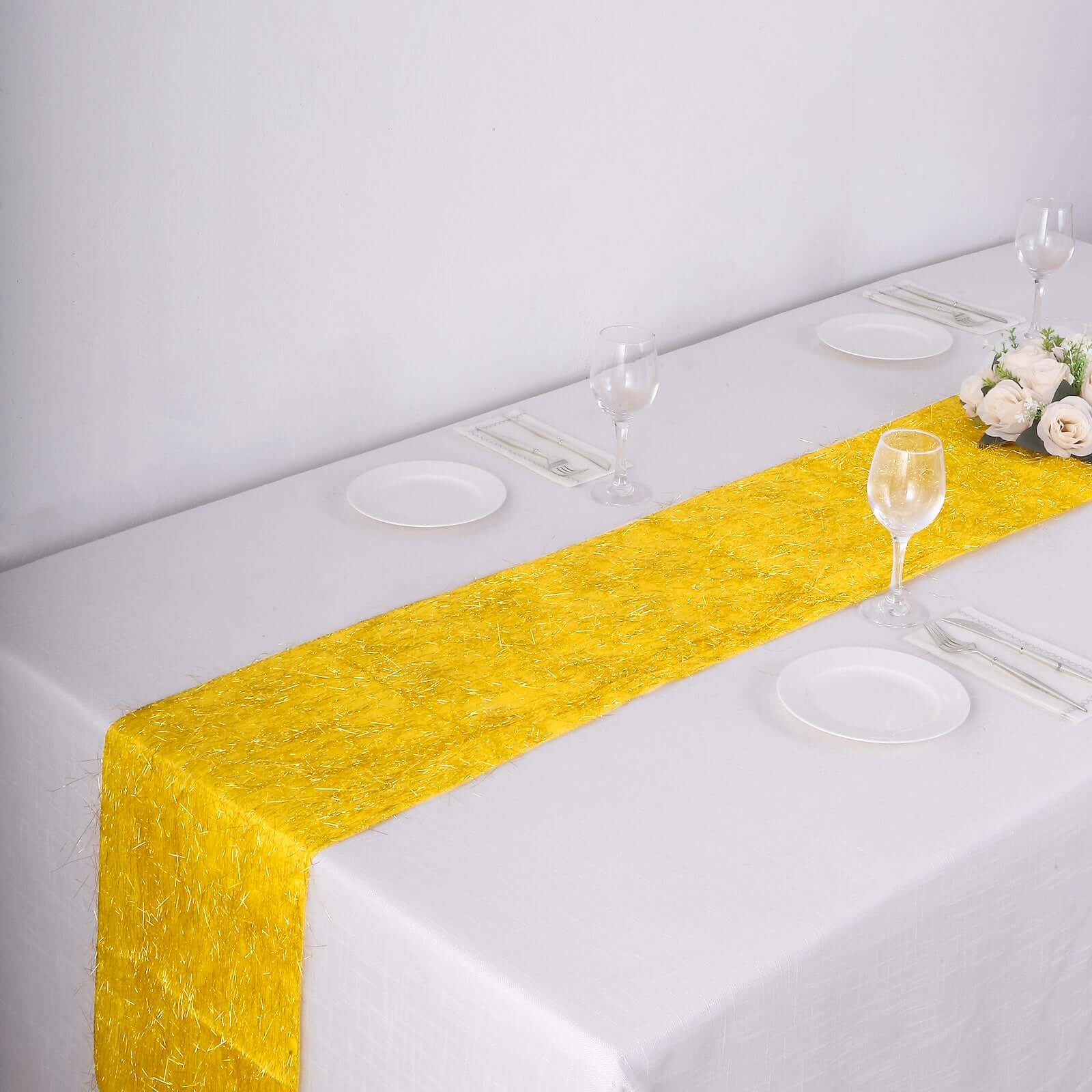 Metallic Tinsel Polyester 12x108 Table Runner Gold - Shimmery Fringe Shag Event Table Decor