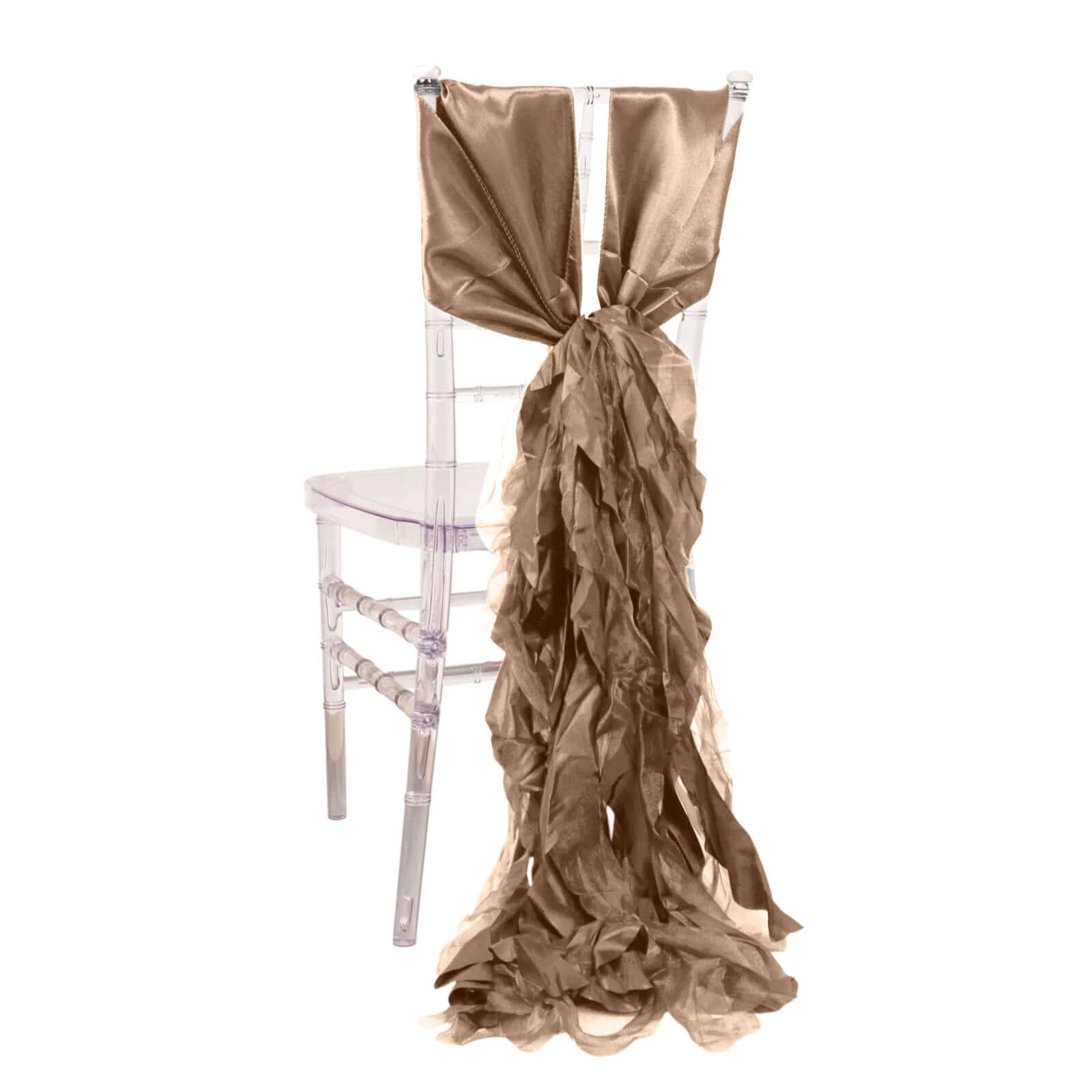 5 Pack Chiffon Satin Chair Sashes Taupe - Easy to Install Ruffled Curly Willow