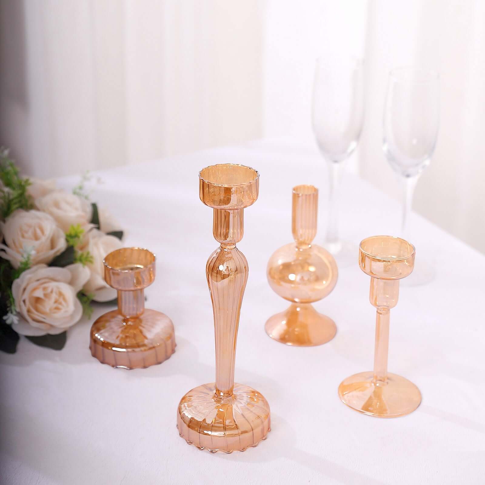 Set of 4 Glass Taper Votive Candle Holders Lined Crystal Design Assorted Amber Gold - Tea Light Stand Set 4, 5.5, 6, 9