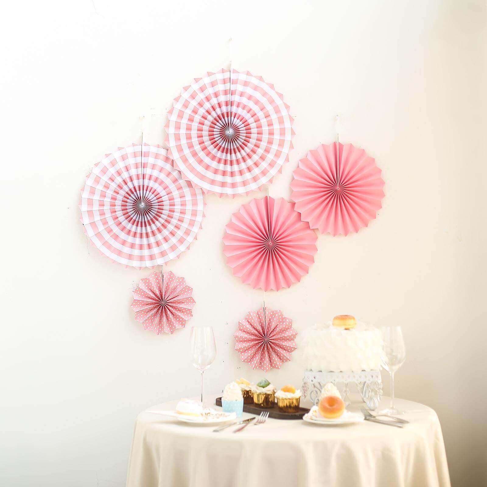 Set of 6 Pink Hanging Paper Fan Decorations, Pinwheel Wall Backdrop Party Kit - 8, 12, 16