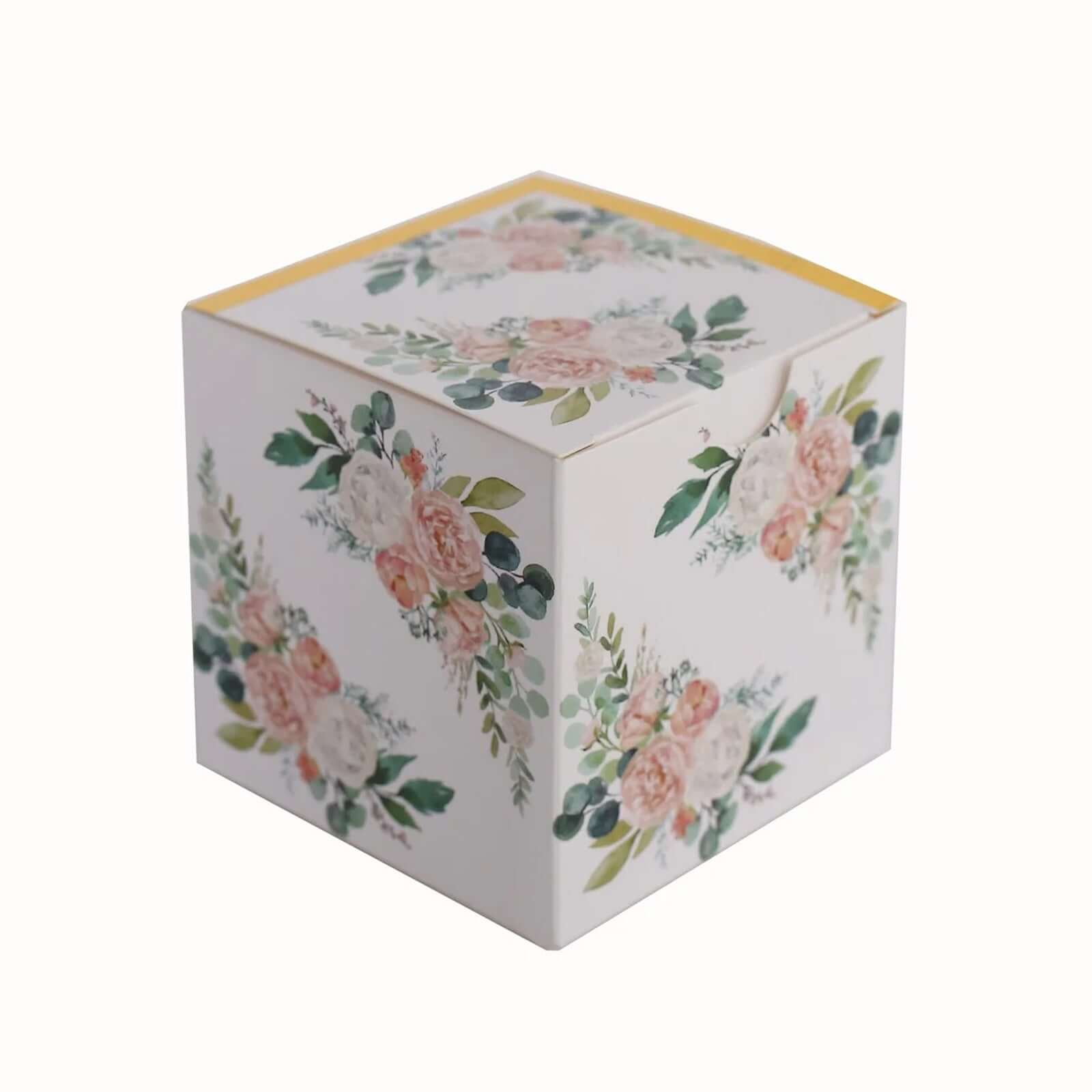 25 Pack White Pink Peony Flowers Print Paper Favor Boxes with Gold Edge, Cardstock Party Shower Candy Gift Boxes - 3x3x3